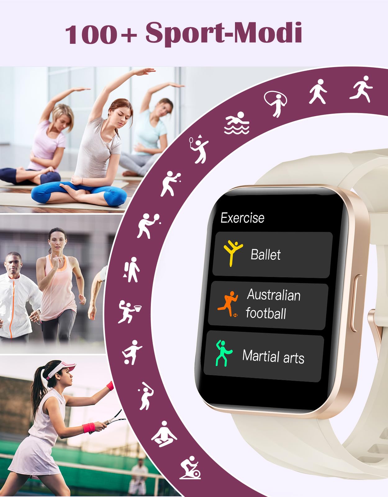 Smartwatch für Damen Herren Bluetooth-Anruffunktion 1.85" HD Fitnessuhr | 100+ Sportmodi,SpO2 Pulsmesser Schlafmonitor Schrittzähler,IP68 Wasserdicht Sportuhr,KI-Sprachassistent für Android iOS Handy