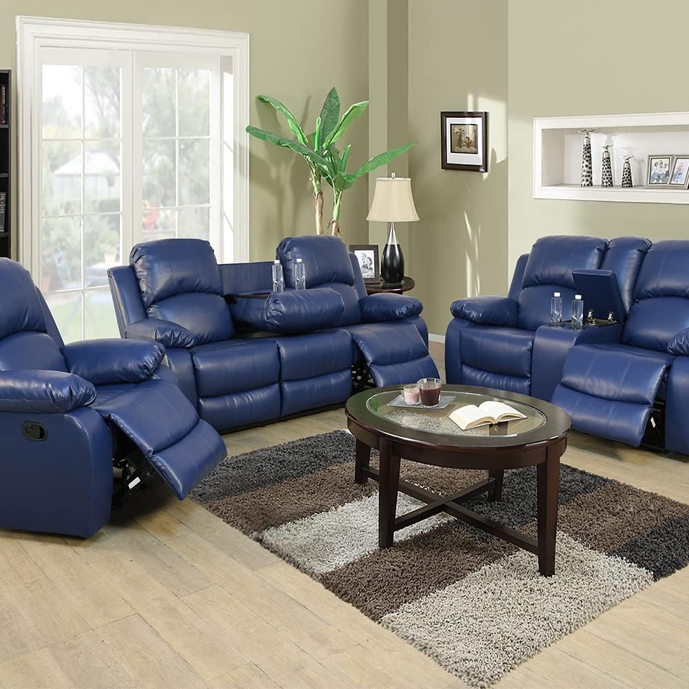 GEBADOL 2 Pieces Blue Recliner Sofa Set Bonded Leather