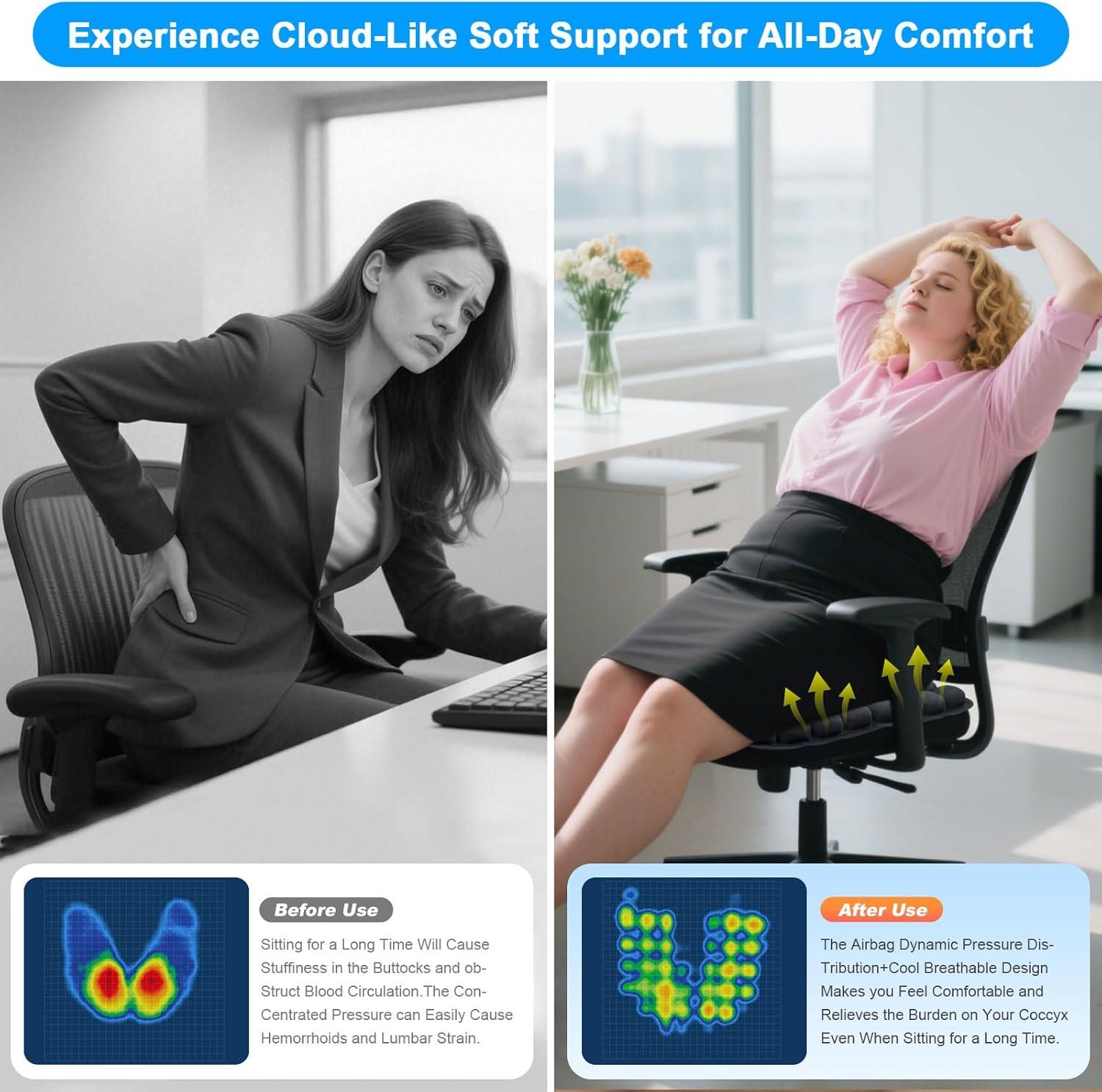 56 3D Air Cell Seat Cushion, Inflatable Travel Seat Cushion for Airplane,Office Chair, Wheelchair, Cars, Home Living, Comfortable Pressure Relief Tailbone Pain Relief (Black, 16"x18") - Image 3