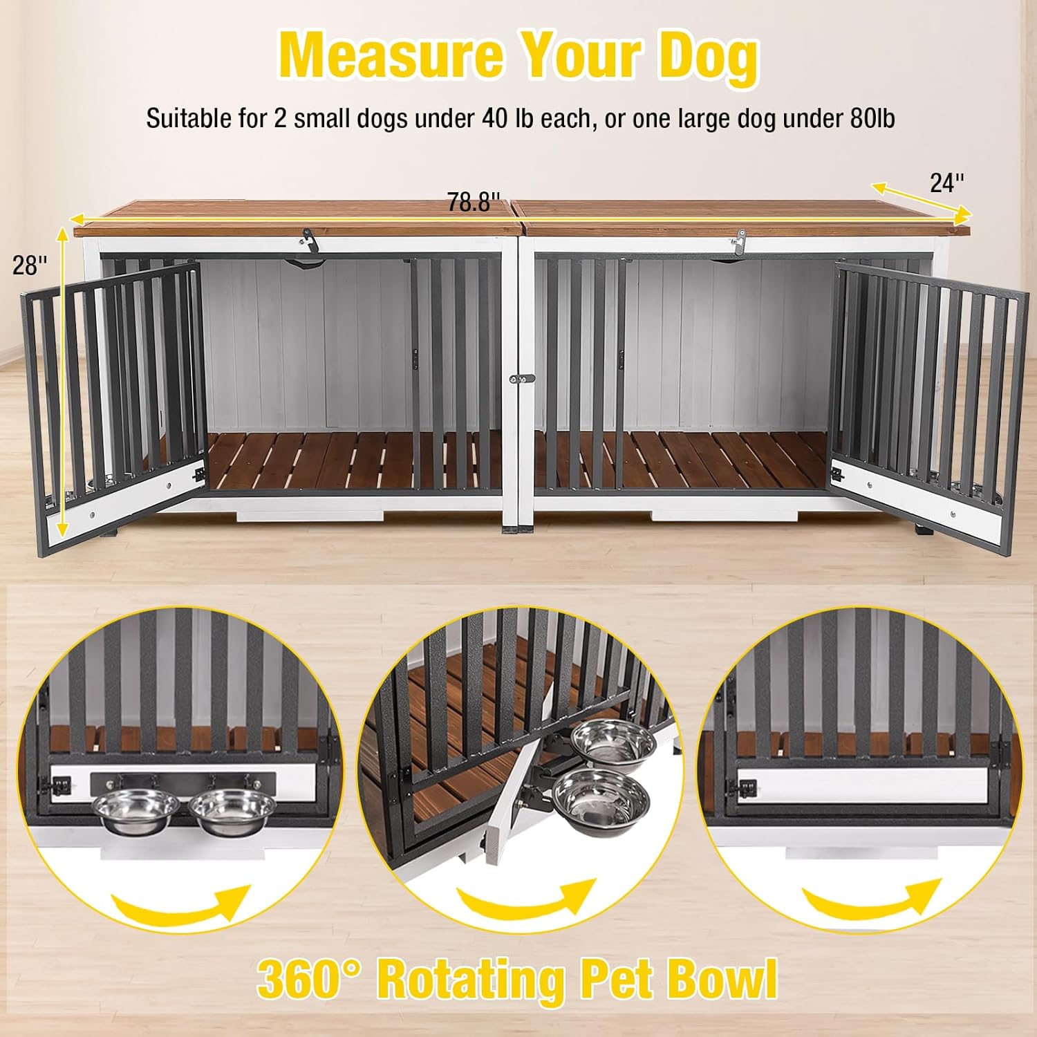 Aivituvin Foldable Dog Crate Furniture No Assembly, Expandable Design, Chew-Resistant, with 360° Rotating Pet Bowls, Multifunctional Indoor Dog Kennel for Small to Large Dogs 78.8" L (Double Crate)