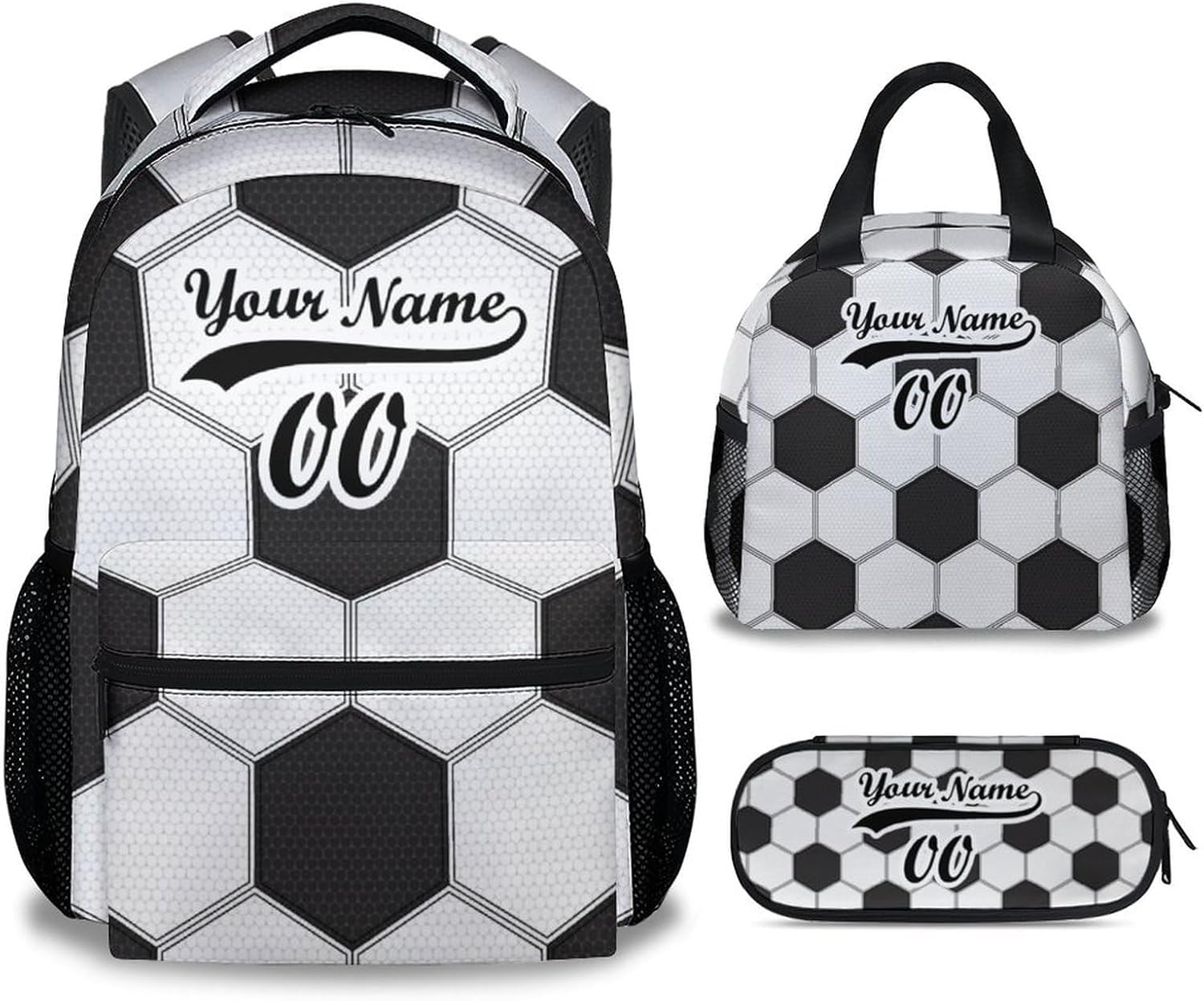Soccer Kids Backpack with Lunch Box, Set of 3 School Backpacks Matching Combo, Cute Black Bookbag and Pencil Case Bundle