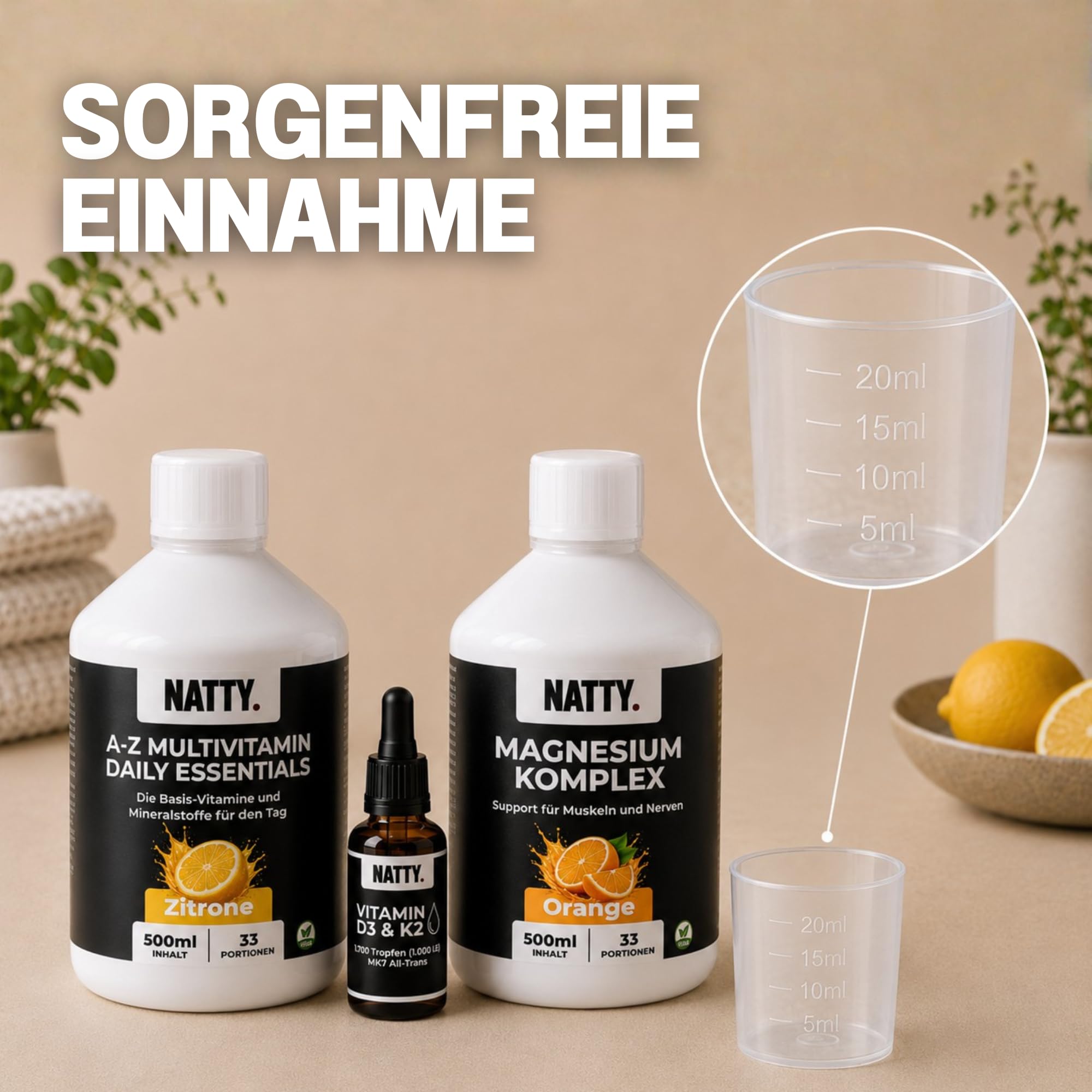 NATTY A-Z Daily Vitamin Bundle – Flüssige Vitamine ohne Kapseln – 3x Multivitamin Zitrone, 3x Magnesium Komplex Orange & Vitamin D3 K2 Tropfen – 100 Tage Vorrat