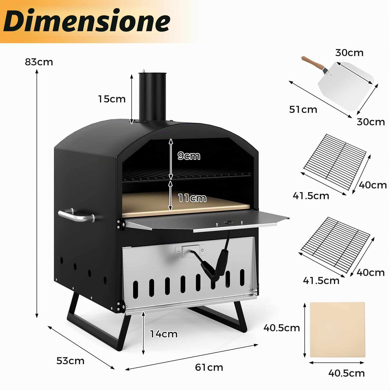 KOMFOTTEU Forno per Pizza da Esterno con 2 Strati, Griglia in Legno Portatile con Copertura Protettiva, Pietra per Pizza, Pala per Pizze, Griglia, Forno per Pizze per BBQ, Campeggio, Festa, Nero