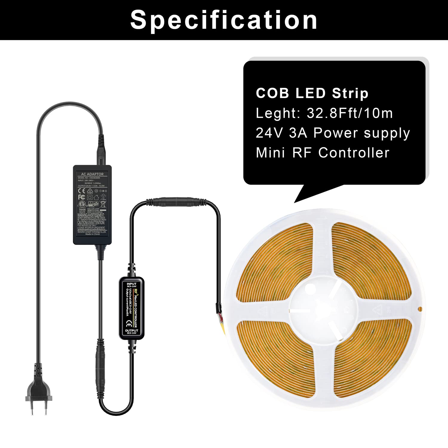 TTWAY Striscia LED COB 10M, 6000K Striscia LED Bianco Freddo con Alimentatore GS, Telecomando RF, 384LEDs/m, Larghezza 8mm, CRI>90, Striscia Luce per Bar, Feste, TV Decorazione Camera Letto