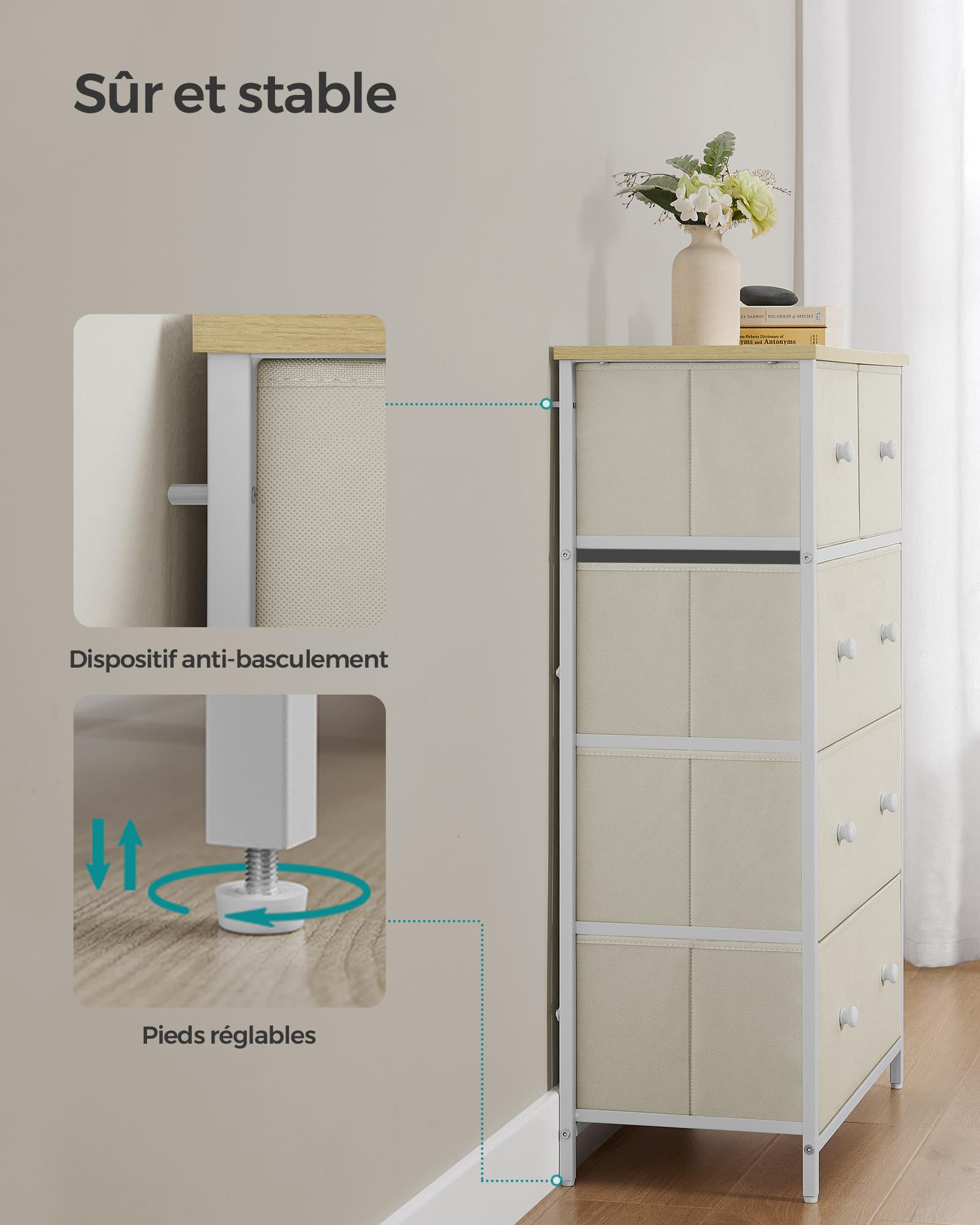 SONGMICS Commode à 5 tiroirs en Tissu pour Salon, Couloir, Chambre d'enfant, Jaune Chameau et Blanc crème LTS514W01
