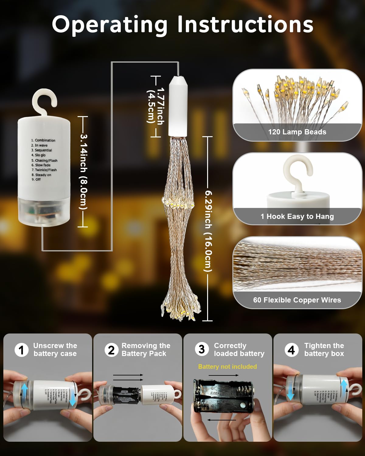 FOOING Luci Fuochi d’Artificio LED 120 LEDs, Ghirlanda a Batteria con 8 Modalità, Luci Decorative per Natale, Feste, Matrimoni, Finestre, Giardino ed Esterno