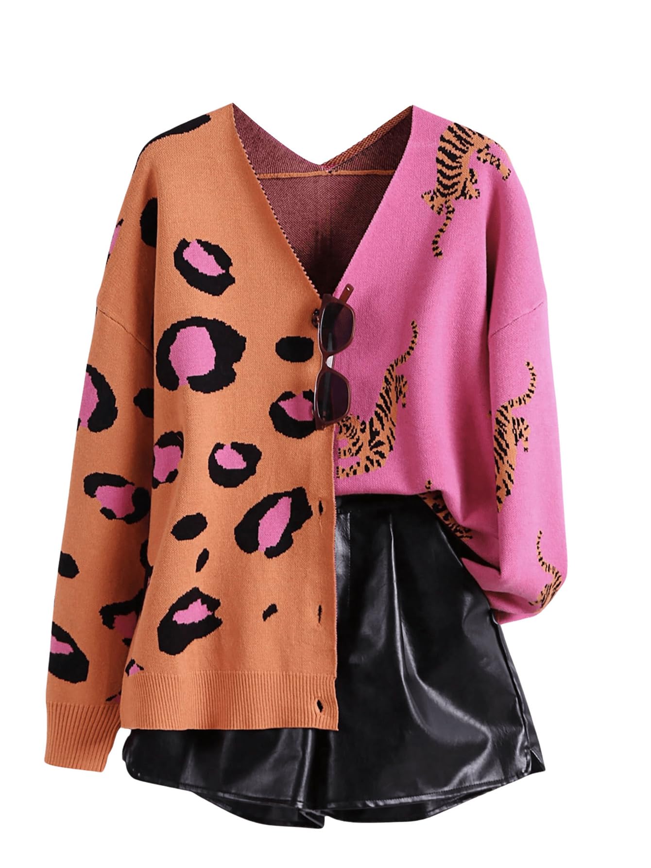 WDIRARA Womens Leopard Tiger Print Cardigan V Neck Long Sleeve Color Block Button Down Sweater Outwear