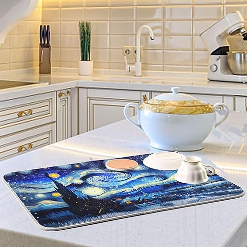 Miniatura 6 de Tapete de secado nocturno de platos estilo Van Gogh para encimera de cocina, tapete escurridor de platos de microfibra, absorbente de secado rápido,