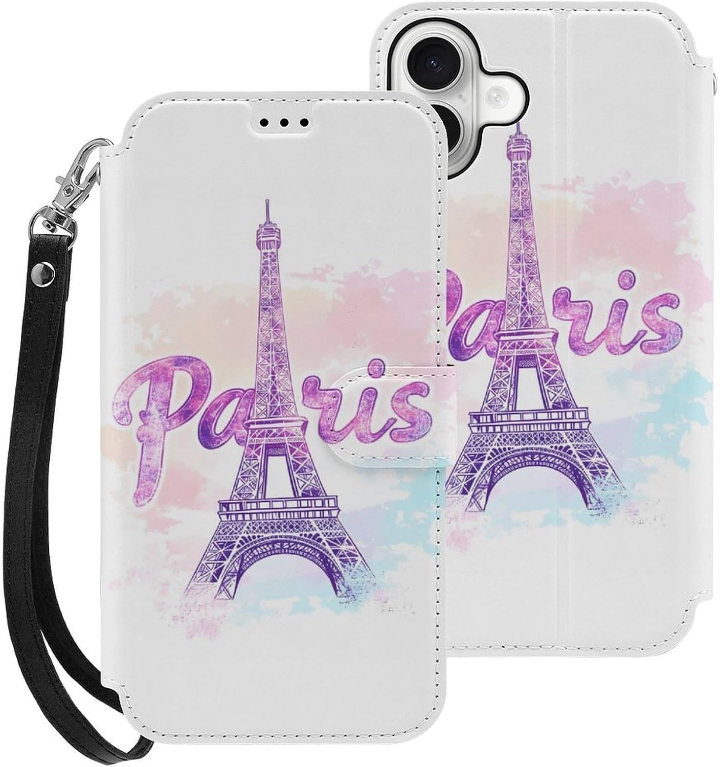 Dreamy Paris Eiffel Tower Compatible with iPhone 16/16 Plus/16 Pro/16 Pro Max/16 E Case Phone Wallet Card Holder Flip Cover with Wrist Strap