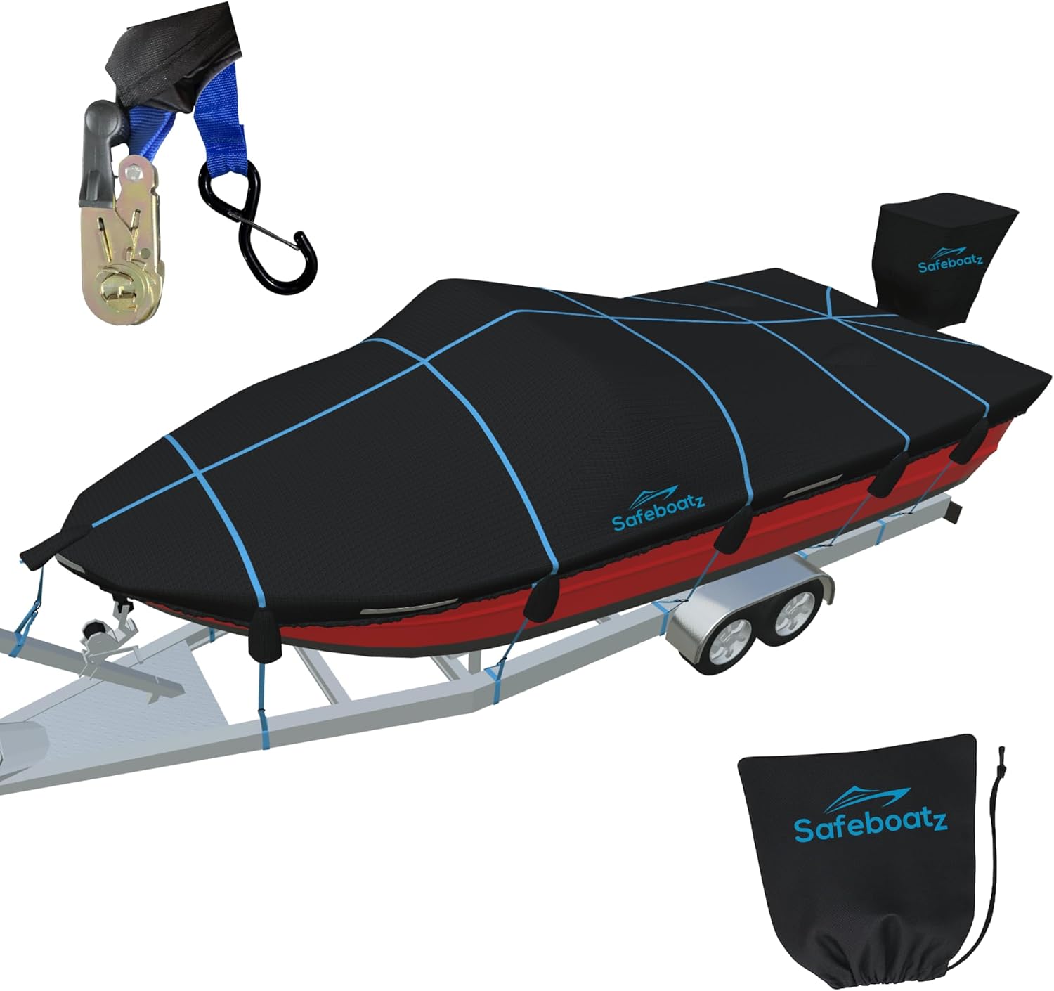 Trailerable Boat Cover 20–22 ft, Heavy-Duty 900D Waterproof Marine Grade Polyester, Fits V-Hull/Bass/Runabout up to 106 in Beam, 13 Steel Ratchets & S-Hooks, Storage Bag, UV Resistant, 2-Year Warranty