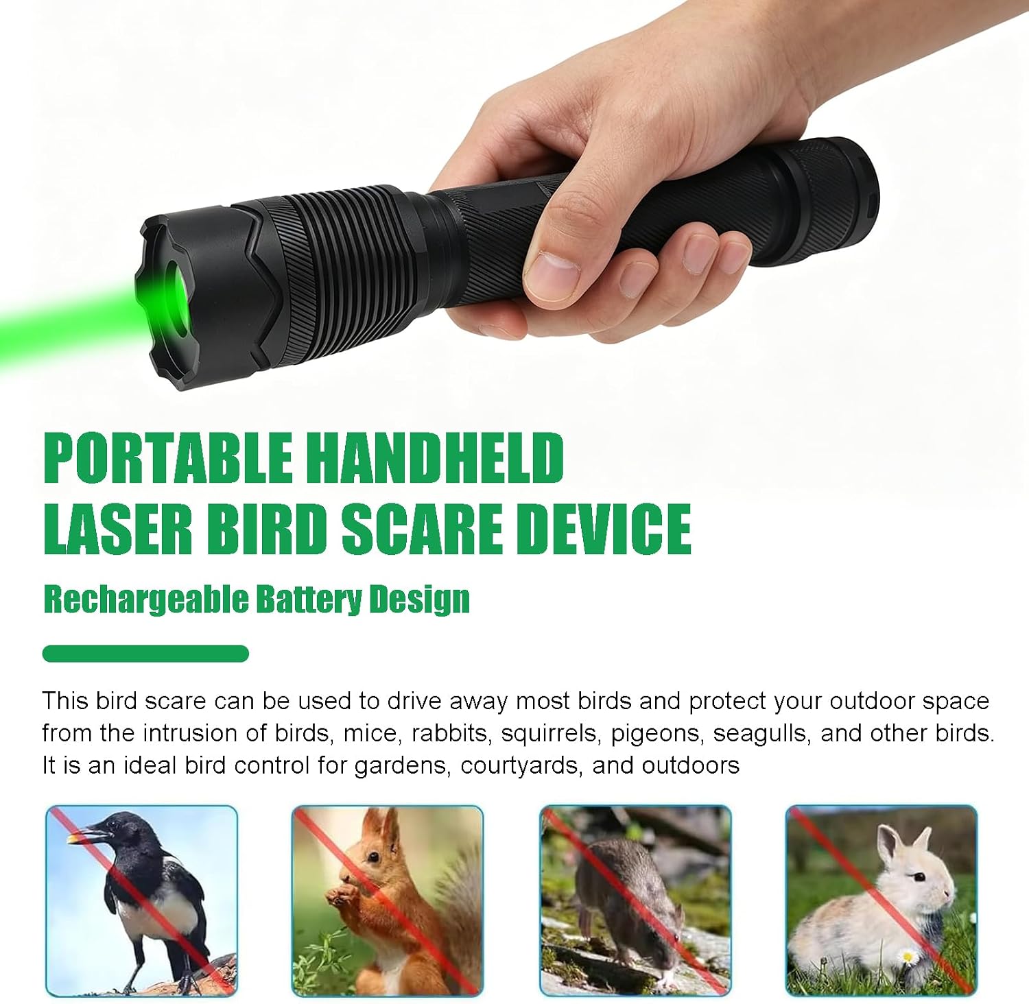 Handheld Bird Chaser Laser Deterrent, Portable Flashlig Bird Control Device with Flashlight Function, Rechargeable Humane Bird Scare Chaser for Chaser Pigeons