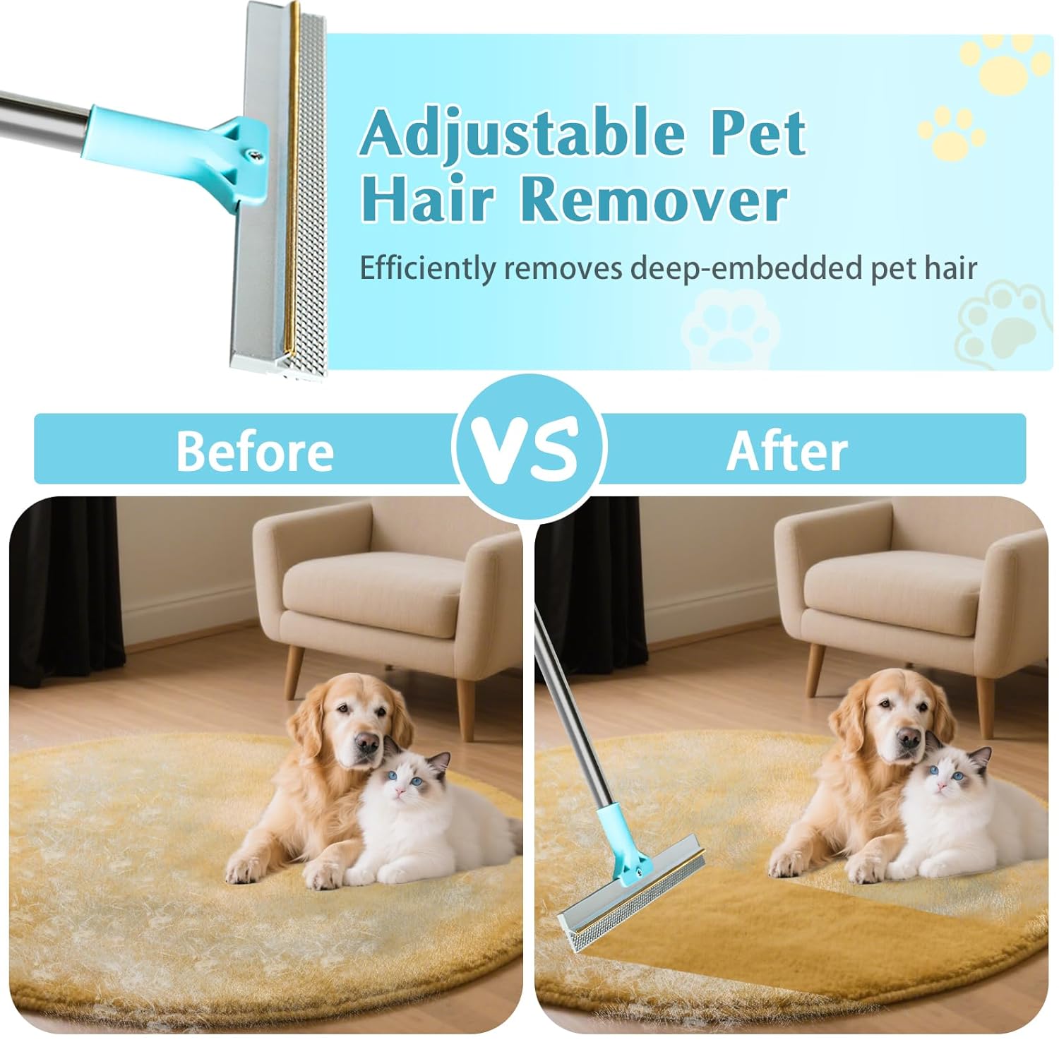 Carpet Rake for Pet Hair Removal Tool, Reusable Pet Hair Remover Broom with 54” Adjustable Long Handle, Cat Dog Hair Remover Carpet Scraper Broom with Copper Rake Teeth & TPU Brush for Rugs Mats Couch