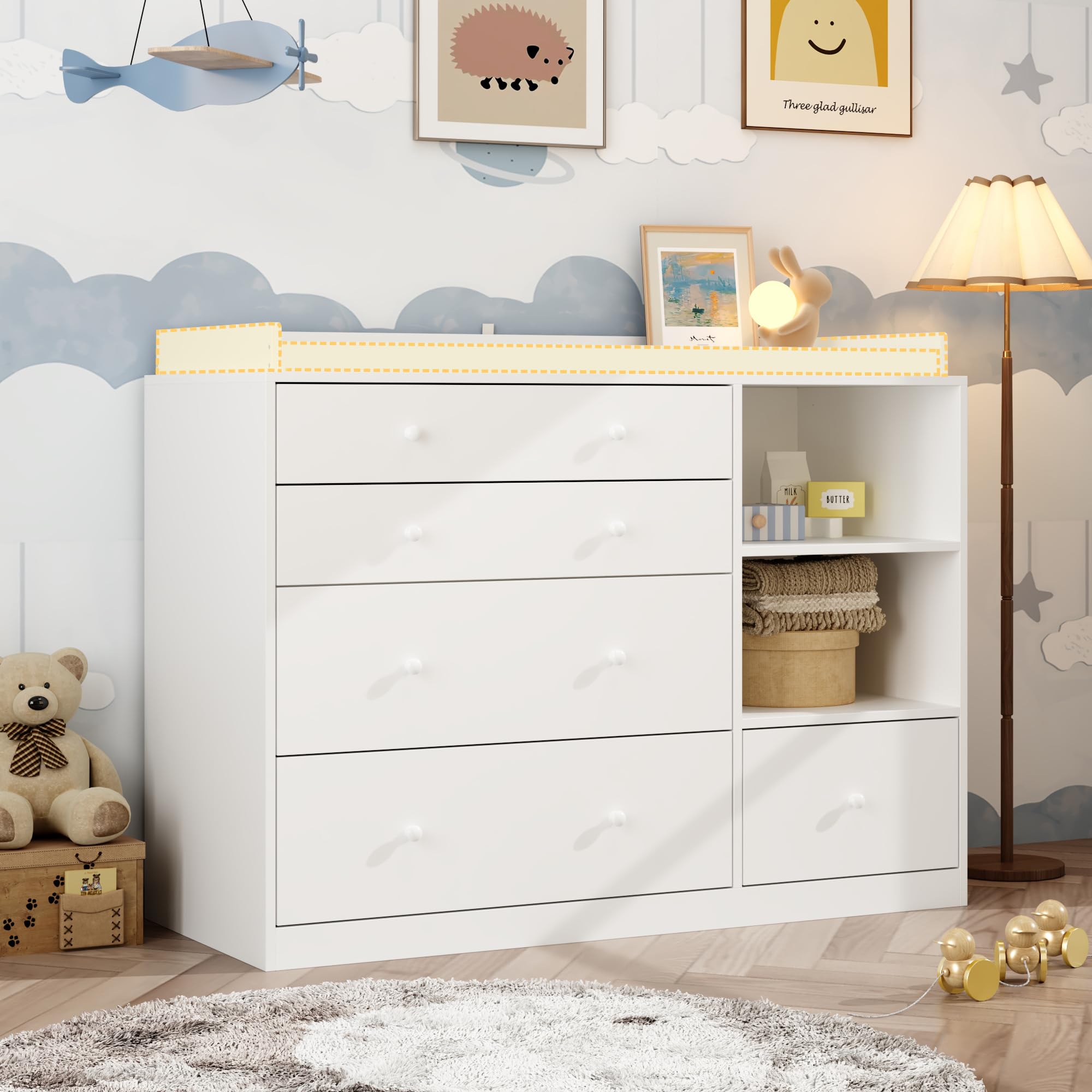 Cambiador, mueble cambiador, estante cambiador con 5 cajones, arcón para bebé, cuidado del bebé, muebles para bebé, cambiadores para habitación de bebé, dormitorio, blanco, MDF
