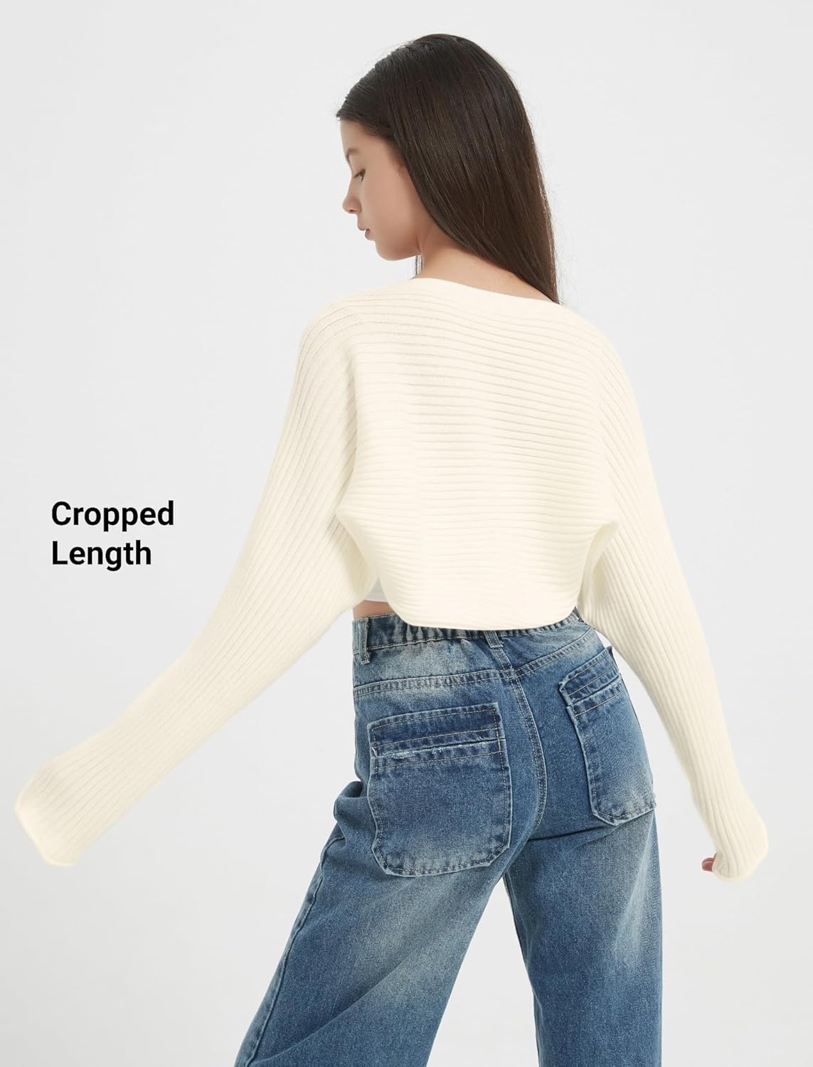 EXARUS Girls Cropped Open Front Teen Half Cardigan Knit Ribbed Bolero Shrug Batwing Long Sleeve Sweater Casual 8-14Y - Image 2