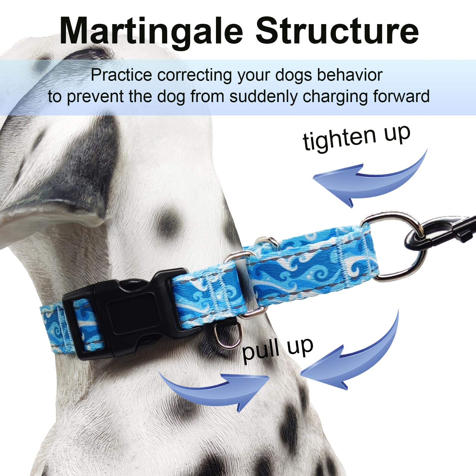 Collar reflectante de martingala con hebilla de liberación rápida, antitirones, ajustable, para perros (ondas azules, S)