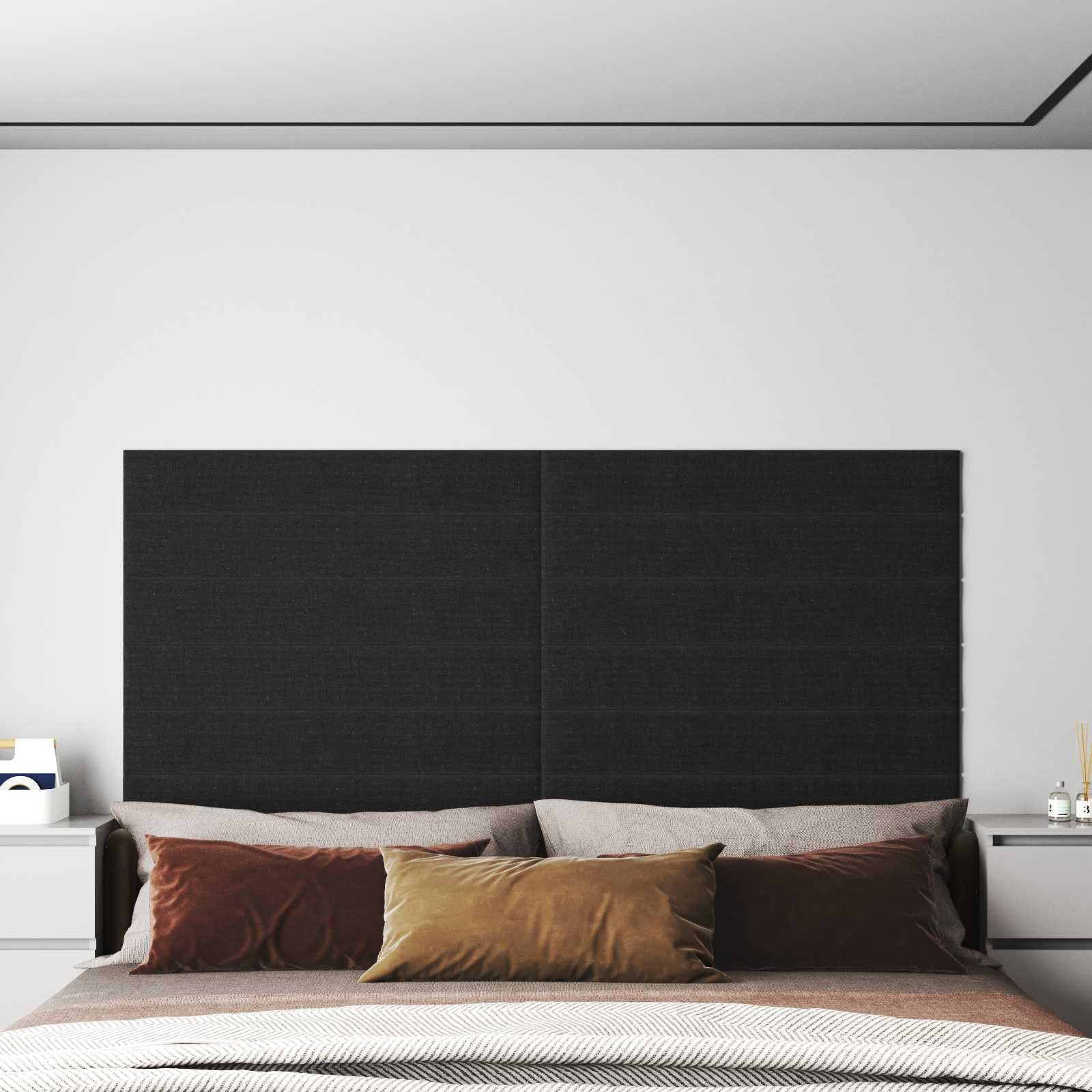 Juego de 12 cabezales de pared de 90 x 15 cm, tela negra, revestimiento de pared para dormitorio, paneles de pared con marco de madera, decoración moderna para interiores, 5,9 kg