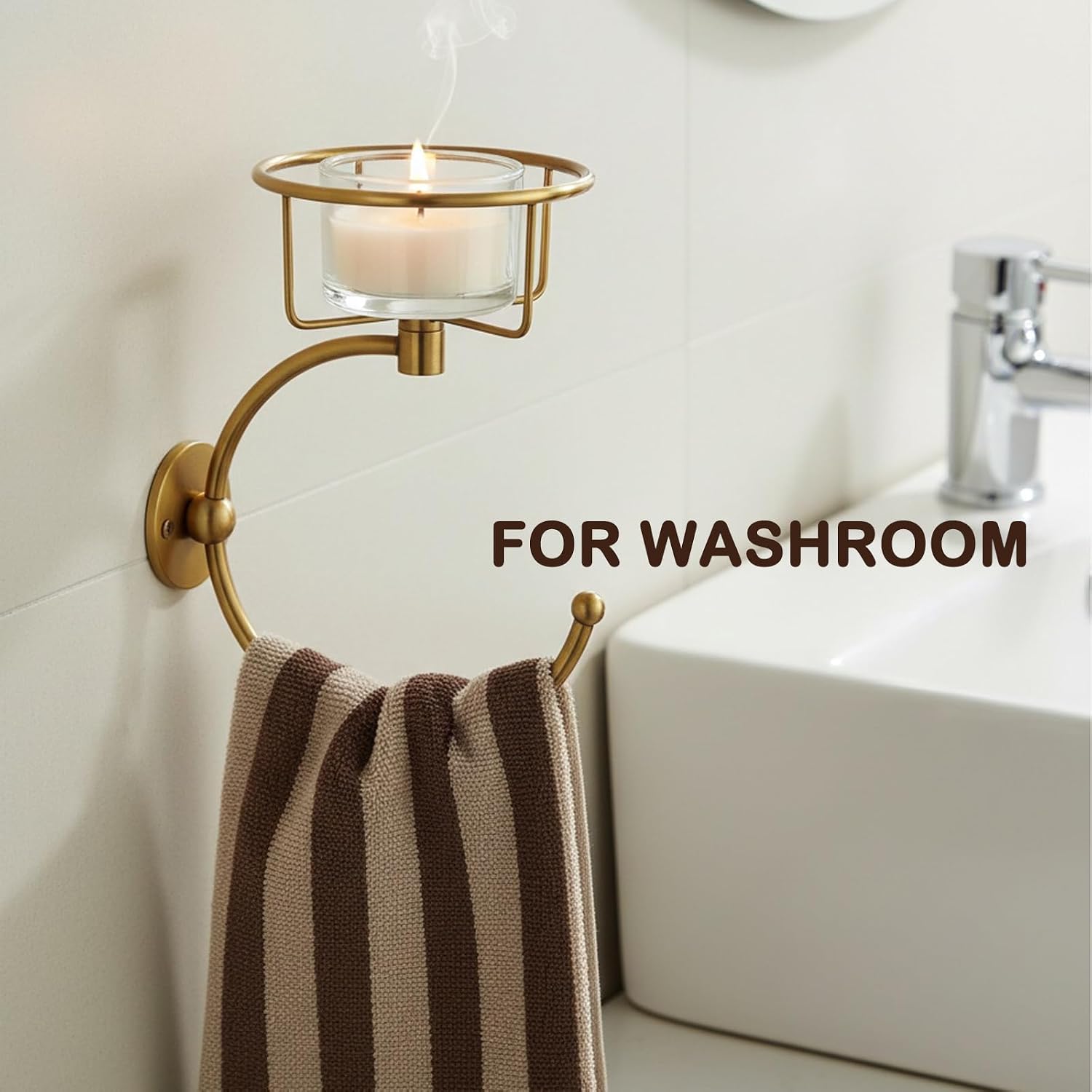 100% Solid Brass Hand Towel Holder for Bathroom Wall – Towel Ring with Candle Holder – Vintage Wall Candle Sconce Bathroom Decor – Antique Brass Towel Holder