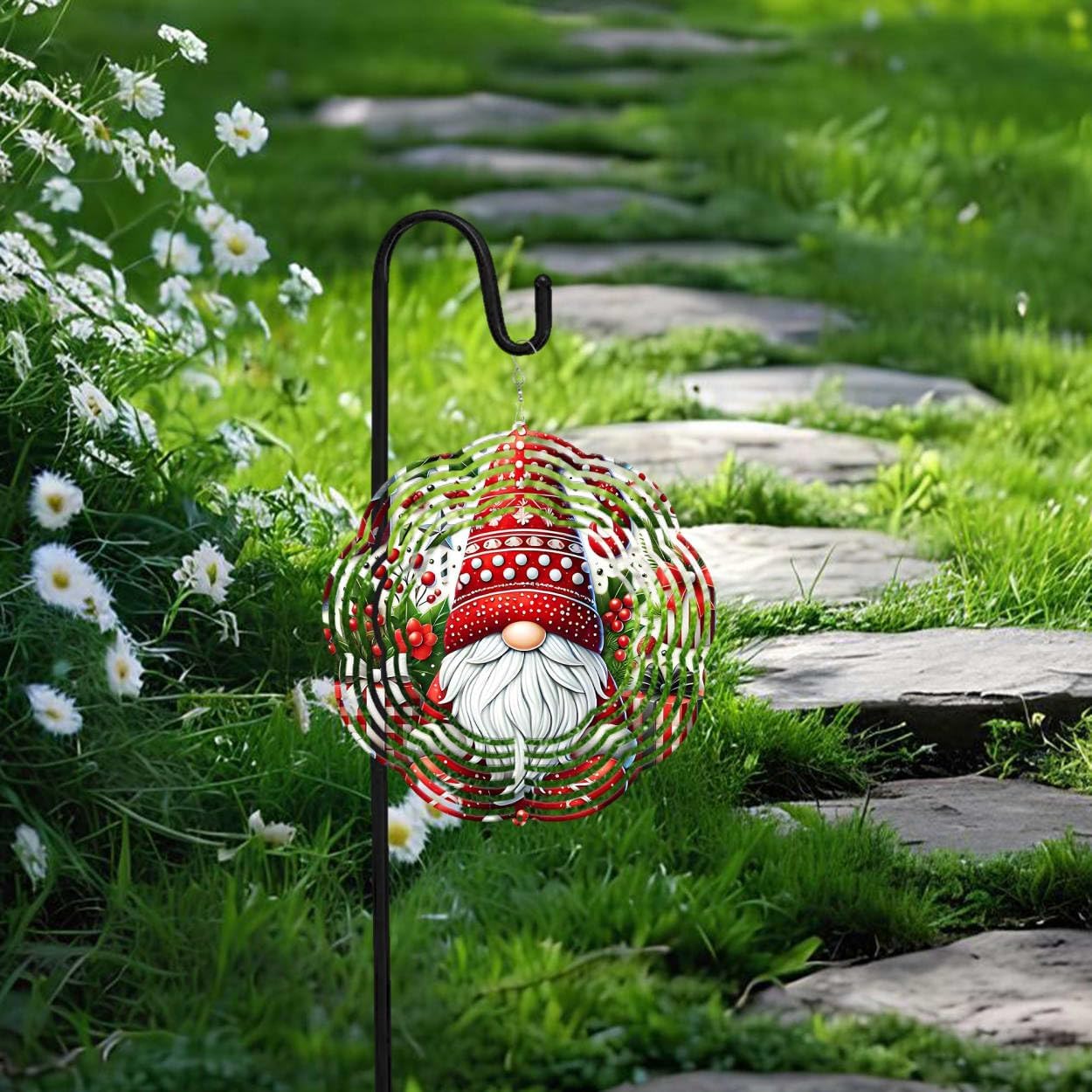 Christmas Gnome Gifts Christmas Wind Spinners 3D Stainless Steel Laser Cut Metal Double Sided Printing-Hanging Indoor/Outdoor Decorations Yard Gardening Decor,Metal Kinetic Art 16x16 inches