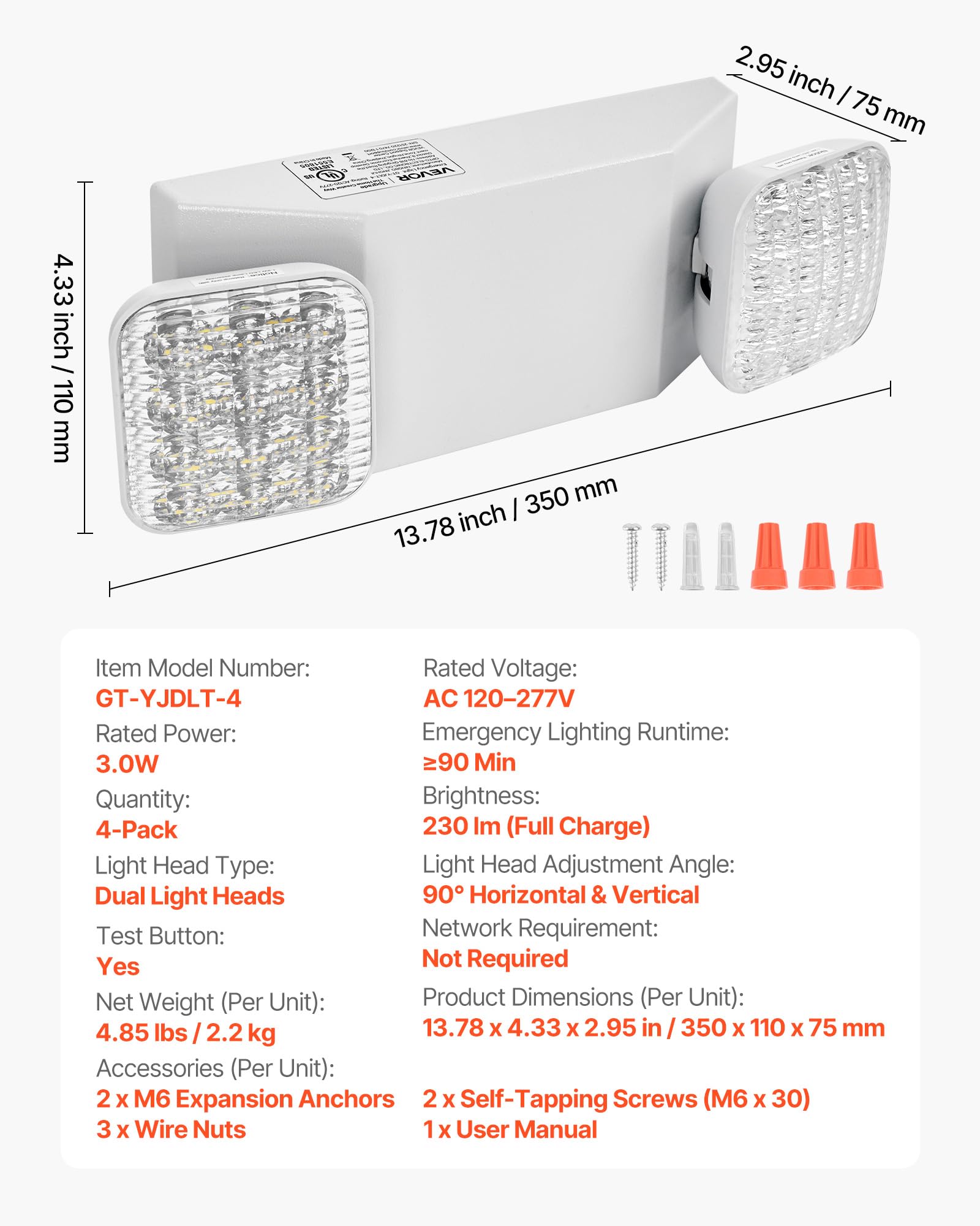 VEVOR Luz de Emergencia LED 4 Piezas, Iluminación de Emergencia CA 120/277V, con Batería de Respaldo, 2 Cabezales Cuadrados Ajustables, Respaldo de 90 Minutos, para Salidas, Oficinas, Restaurantes