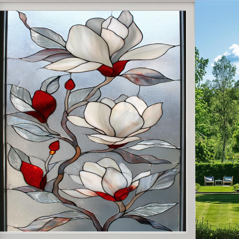 Pmlbaous Modern Flowers Stained Glass Window Film, Colorful Magnolia Natural Plants Peel And Stick Privacy Film, Frosted Adhesive Vinyl Decorative For Bathroom Windows Glass Doors, （55X100cm）