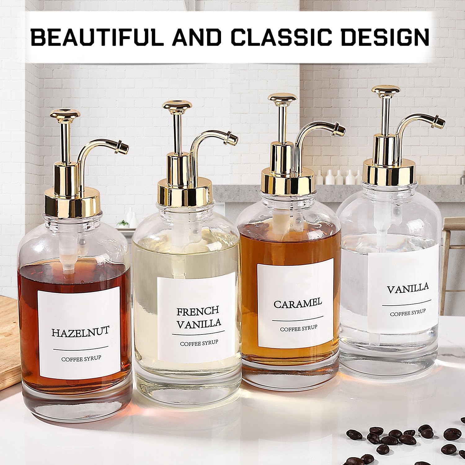 MHDCLY Accessori da bar, dispenser per sciroppo di caffè, confezione da 4, dispenser per sciroppi con etichette, erogatore a pompa per sciroppo per bar (pompa dorata)