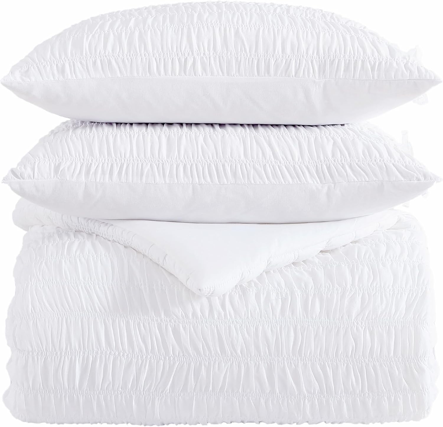 Shabby Chic® - King 3-Piece Comforter Set, Reversible Cotton Bedding with Matching Shams, Seersucker Shirring Home Decor for All Seasons (Aiden White, King)