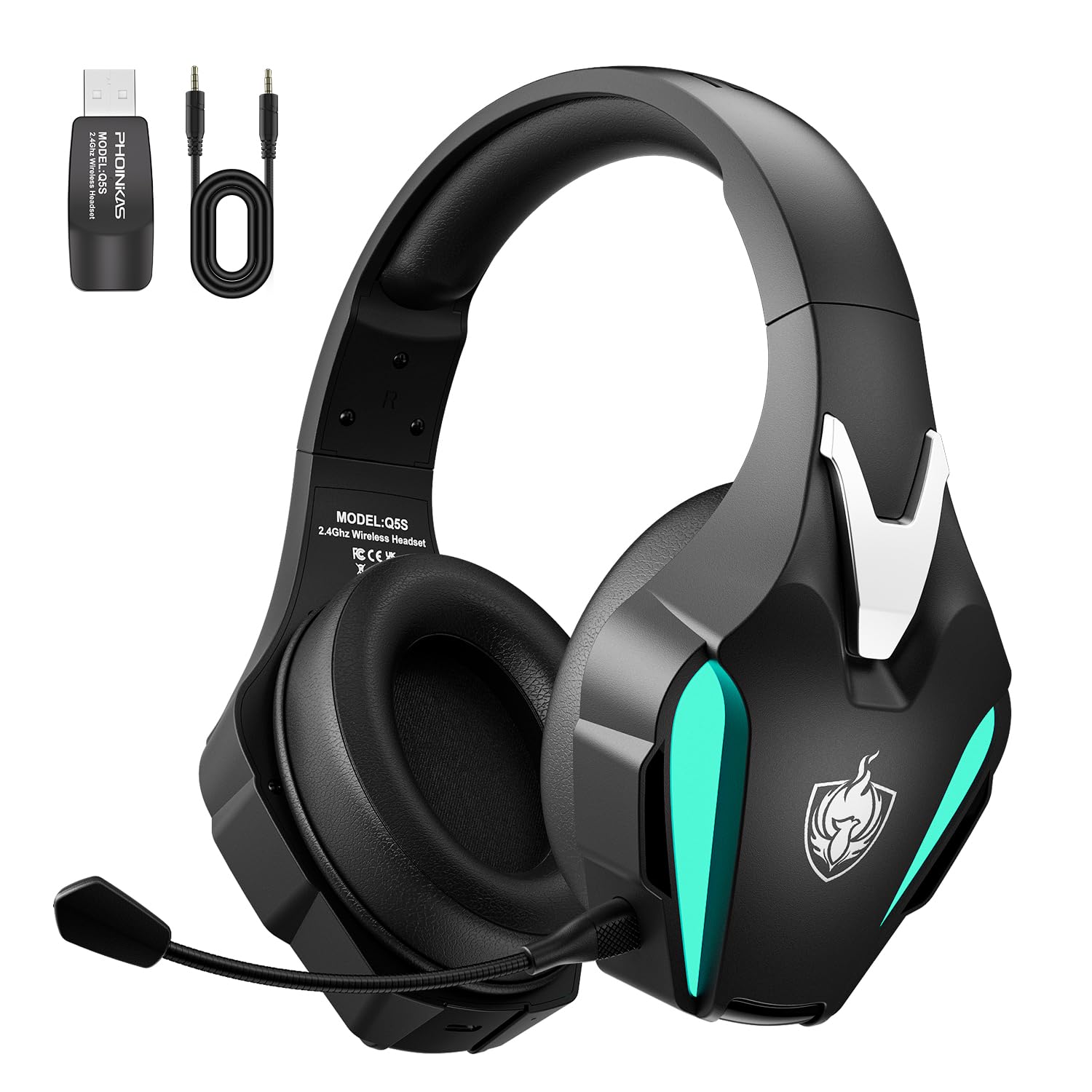 PHOINIKAS Auriculares Gaming Inalámbricos, Cascos Gaming para PS4/PS5/PC, Cascos Inalambricos con Micrófono Cancelación de Ruido Desmontable, 7.1 Estéreo, Luz LED (Verde)