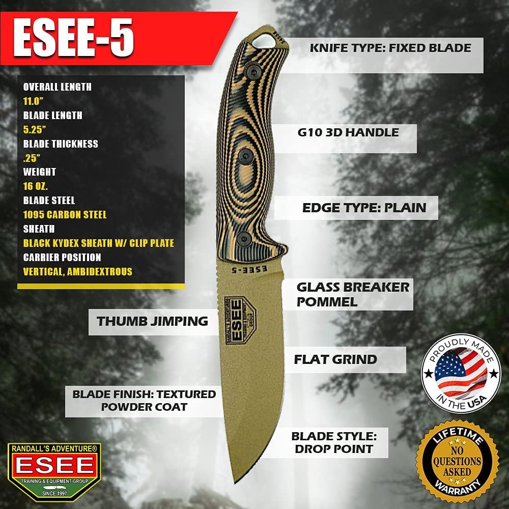 ESEE-5 1095 Carbon Steel, Black Kydex Sheath (Dark Earth Blade, Coyote/Black G10 3D Handle)