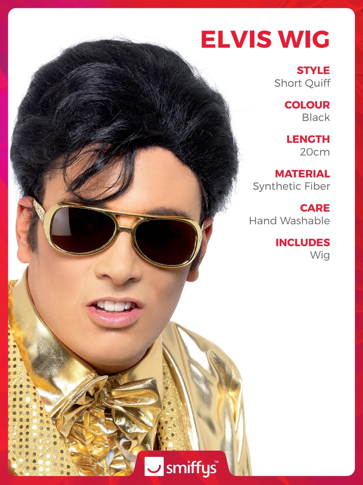 Smiffys Elvis Wig for Adults Black with easy to recognise Quiff and Sideburns, Officially Licensed - Image 3