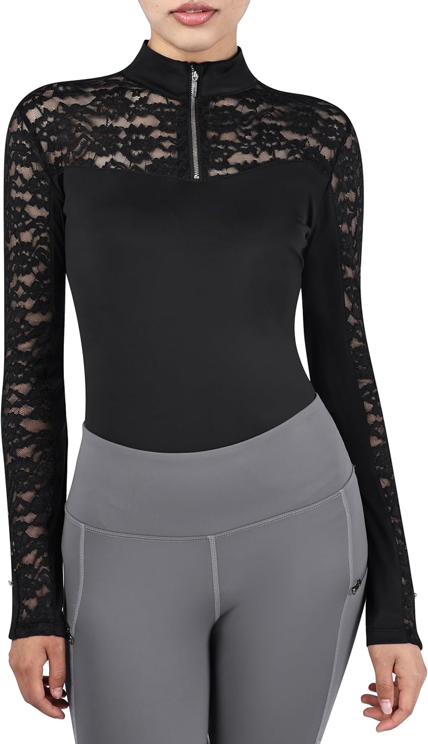 Harrison Howard Ladies Long Sleeve Lace Rider Top with Exquisite Lace Spliced Sleeves Slim Fit Show Shirt