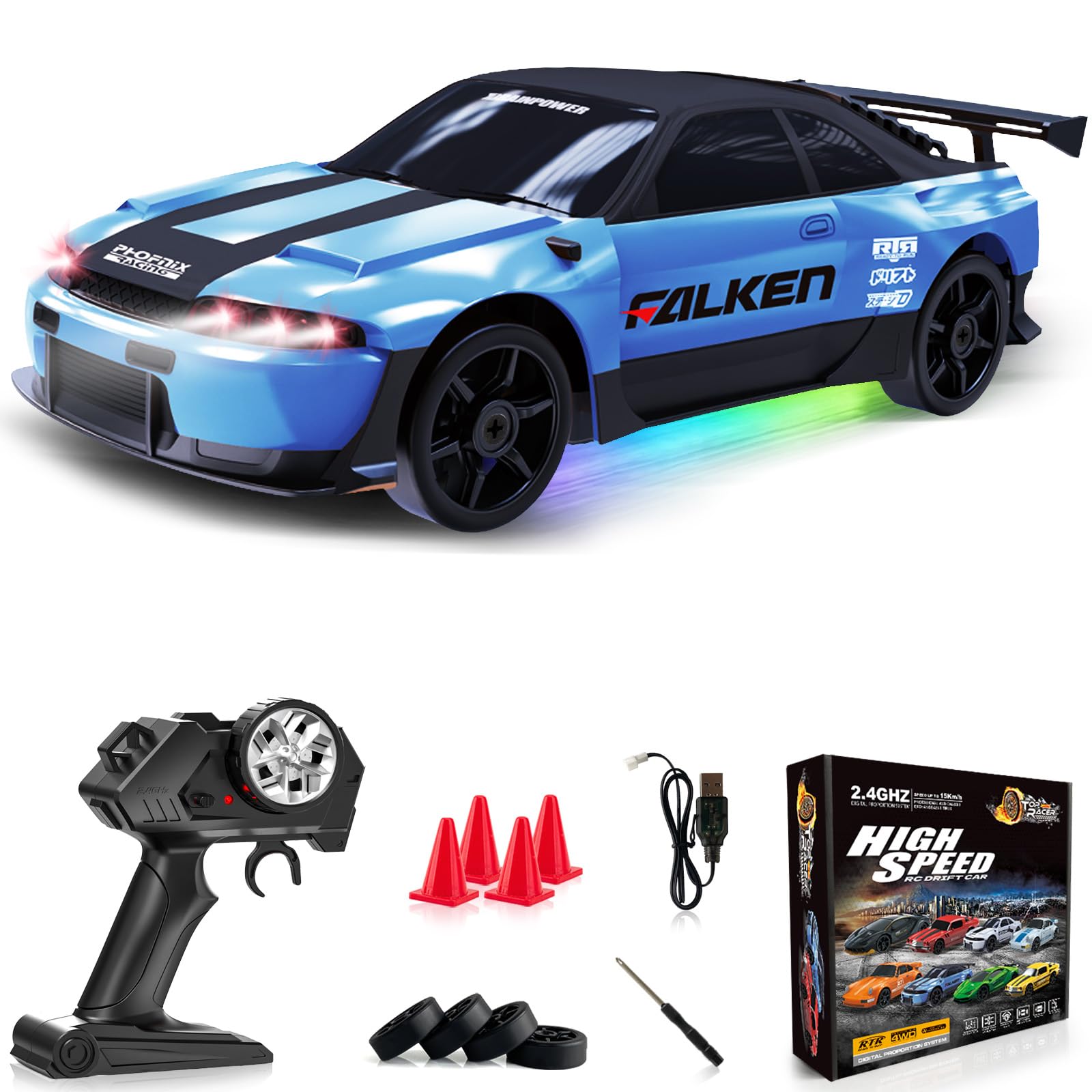 RC Drift Car 1:24 Remote Control Car 4WD 15KM/H High Speed Racing Sport Car with LED Lights RC Cars Toy for Kids Boys Girls Adults Gifts Birthday Christmas