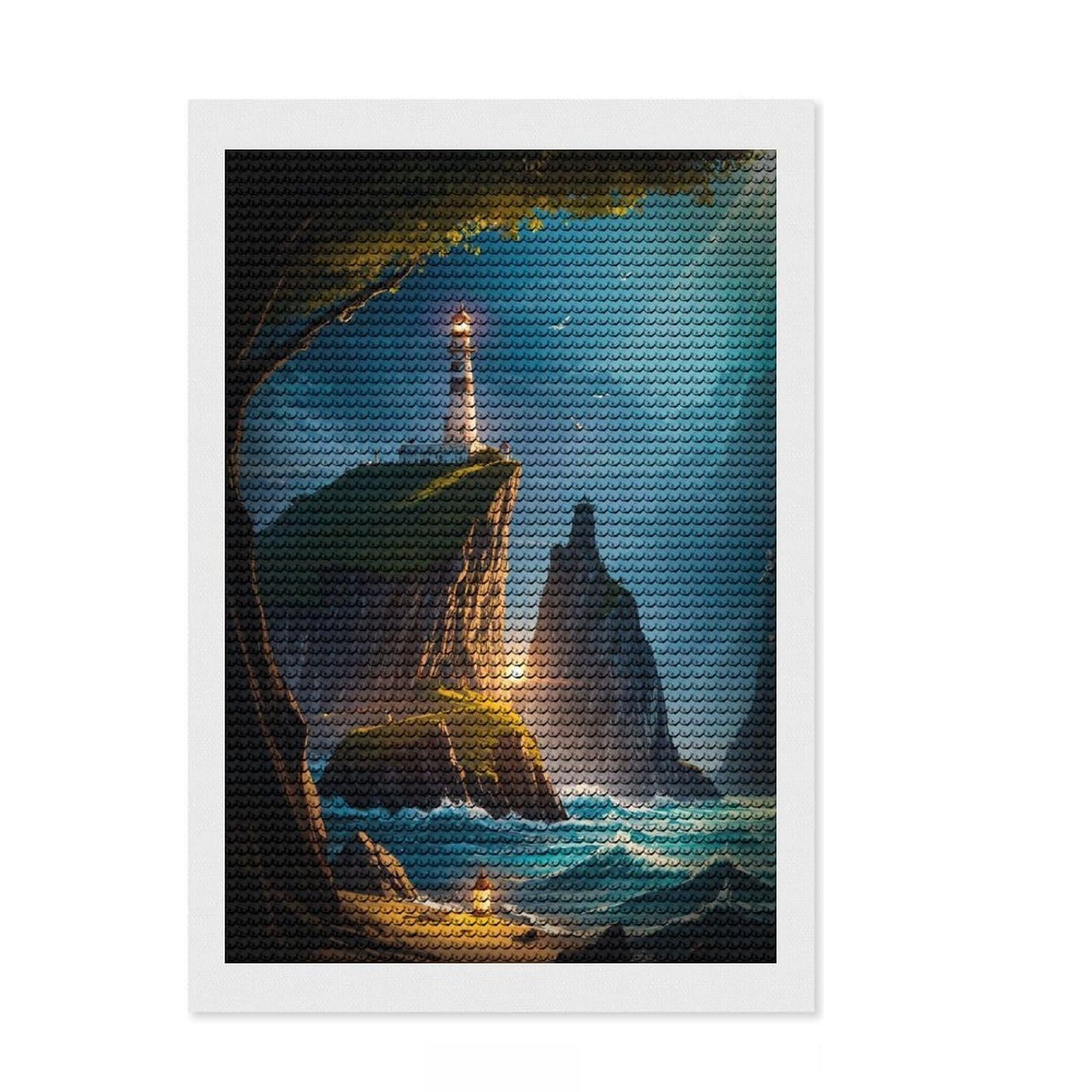 Junmoney Lighthouse Ocean Cliff Diamond Painting Set 8"x12", Relaxing DIY Hobby, Pleasing Wall Art Project, Farmhouse Decor, Birthday Gift