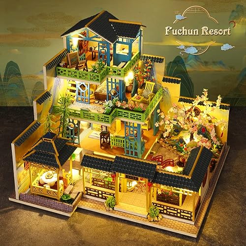 Miniatura 6 de Yuzhen Casa de muñecas en miniatura con muebles y luces LED mini casa de madera de estilo japonés incluye cubierta de polvo y movimiento musical