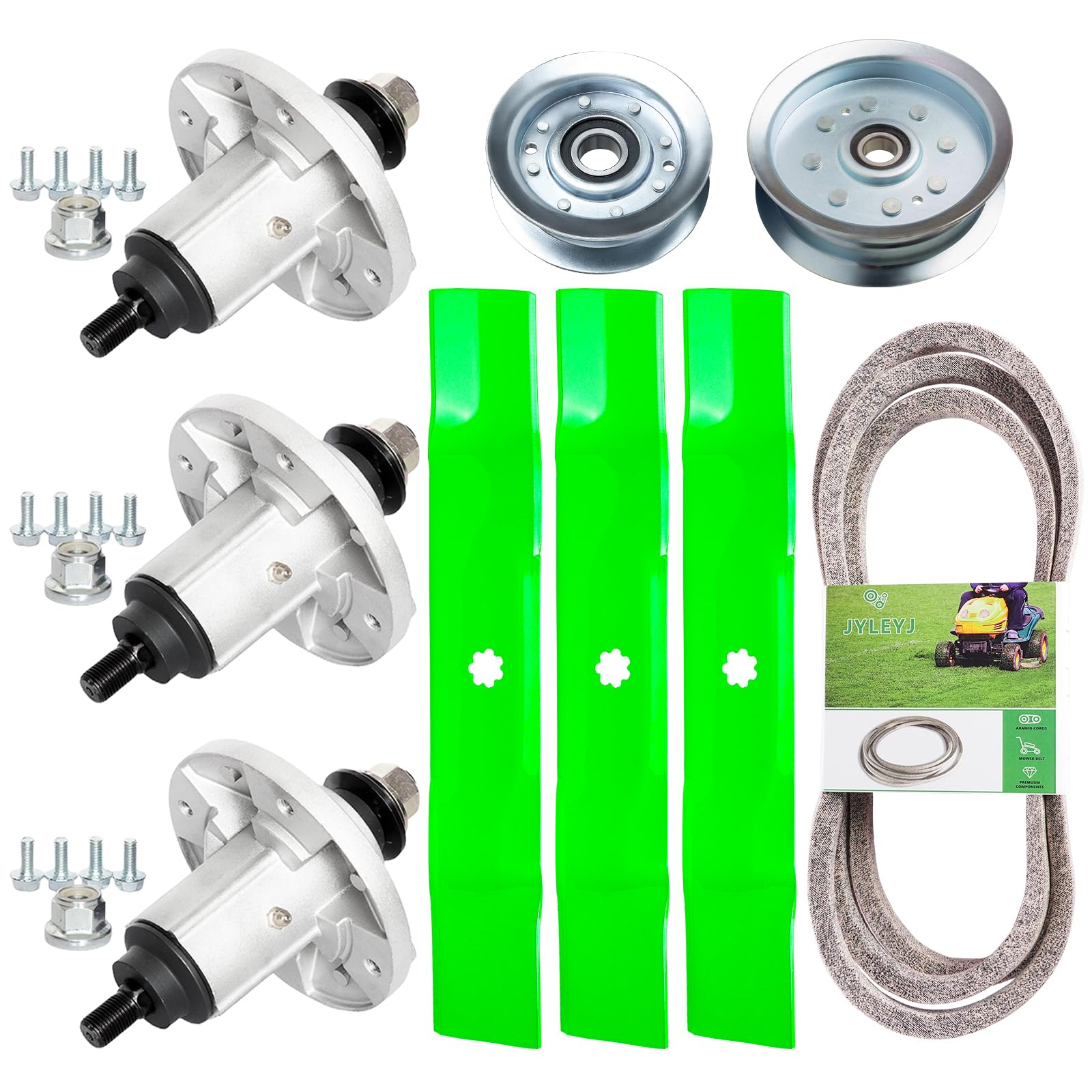 Kit de reconstrucción para cortacésped de 48 cubiertas compatible con John Dee re 102 105 D130 LA100 LA105 incluye 3 husillos GX21694 GY21098, 3 cuchillas GX21784 GY20852, 1 tensor GY20629, 1 tensor