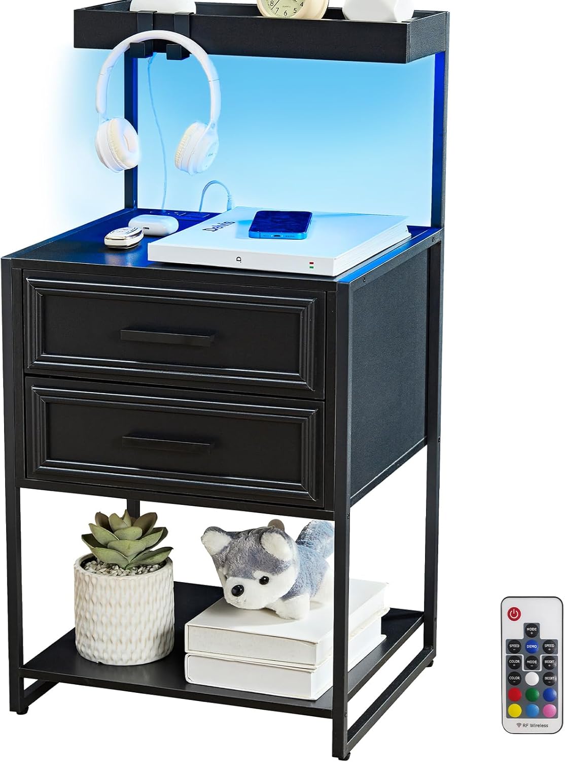Harpaq YSW01-03B Tall Nightstand with LED lights and charging station