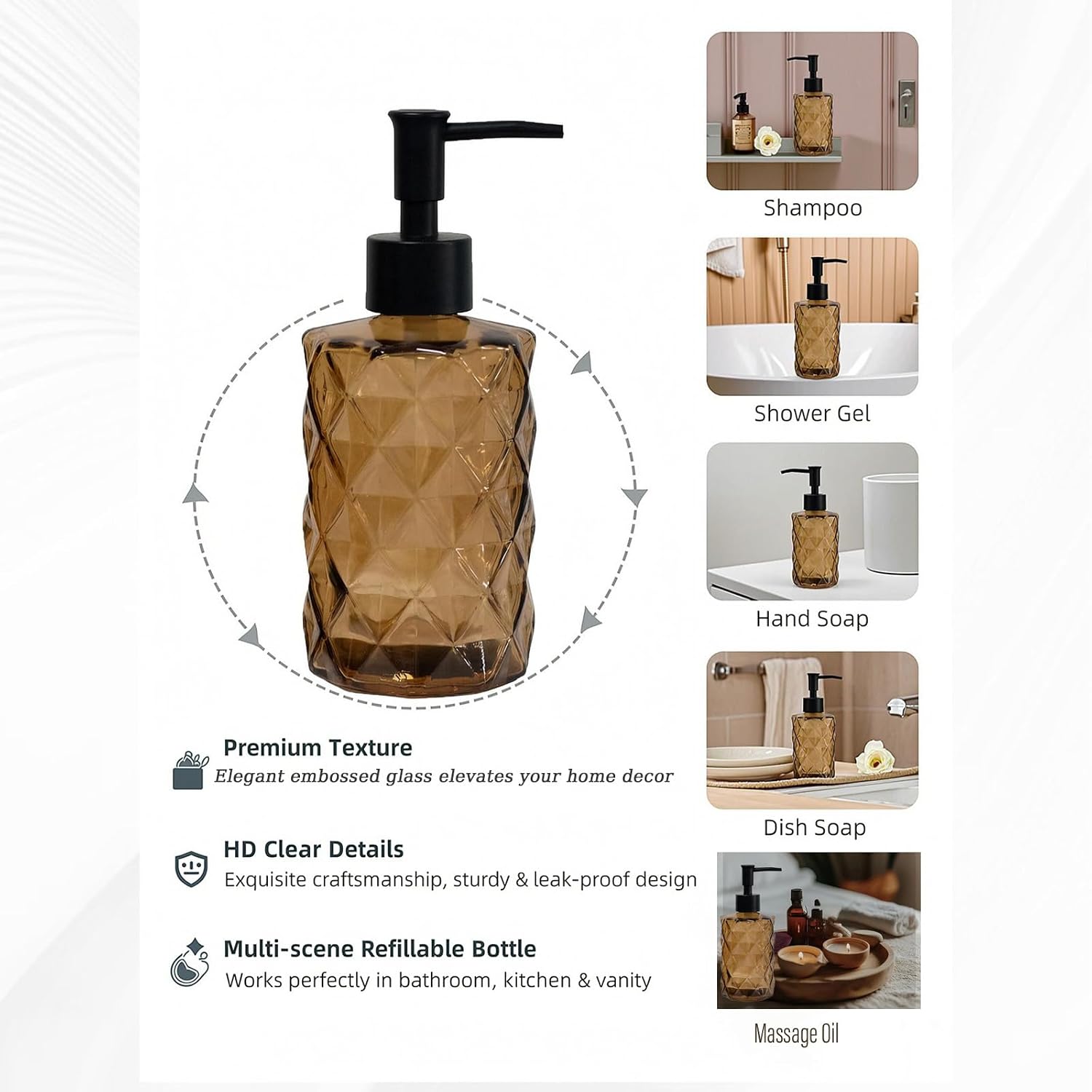 Brown Glass Soap Dispenser,13.5oz Clear Shampoo Dispenser with Plastic Pump