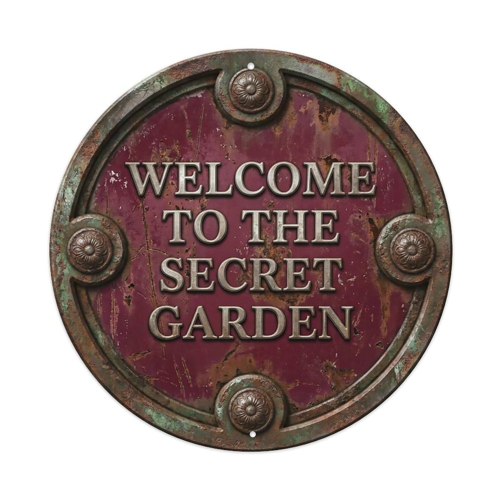 Vintage Welcome Secret Garden Rust Burgundy Metal Tin Sign