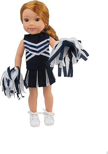 American Fashion World Traje de animadora azul marino para muñecas de 14 pulgadas | Pompones incluidos | Calidad premium y diseño moderno | Ropa de