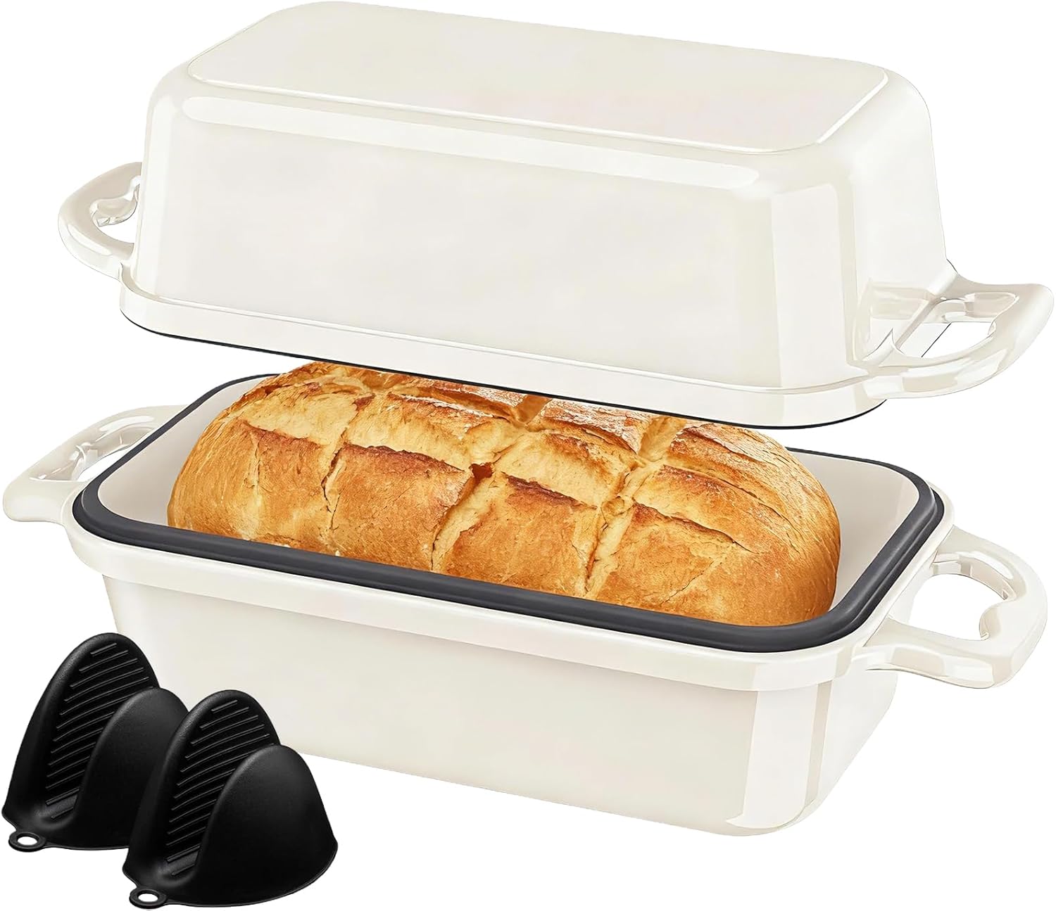 Enameled Cast Iron Sourdough Bread Dutch Oven, Cast Iron Loaf Bread Pan for Homemade Bread Baking, 2PCS 9 x 5Inch Meatloaf Pan with Lid, Oven Safe, Cream