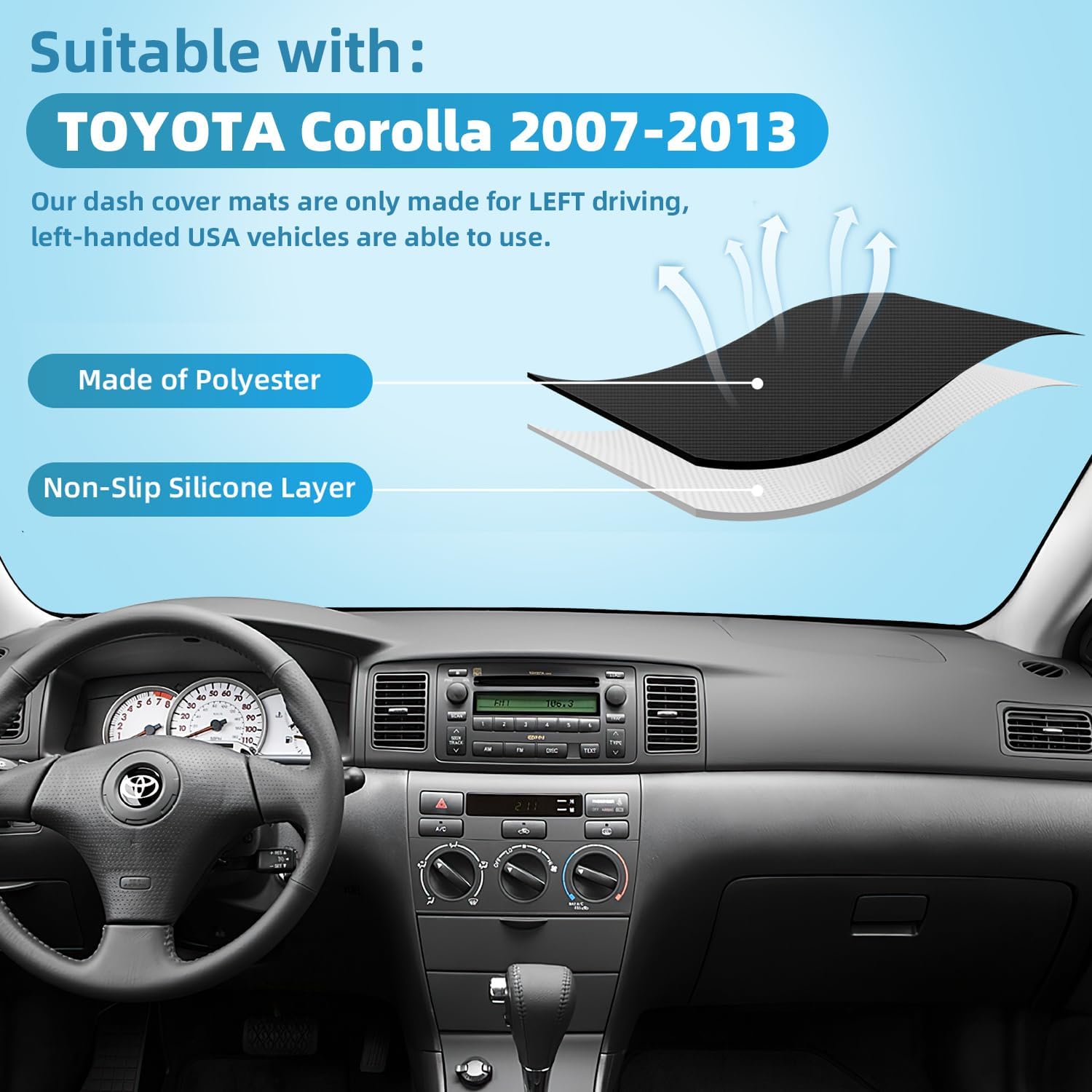 Dashboard Dash Cover Mat for Toyota Corolla 2007 2008 2009 2010 2011 2012 2013 Polyester Custom Fit Toyota Corolla Accessories Dash Cover (Corolla 2007-2013, Black)
