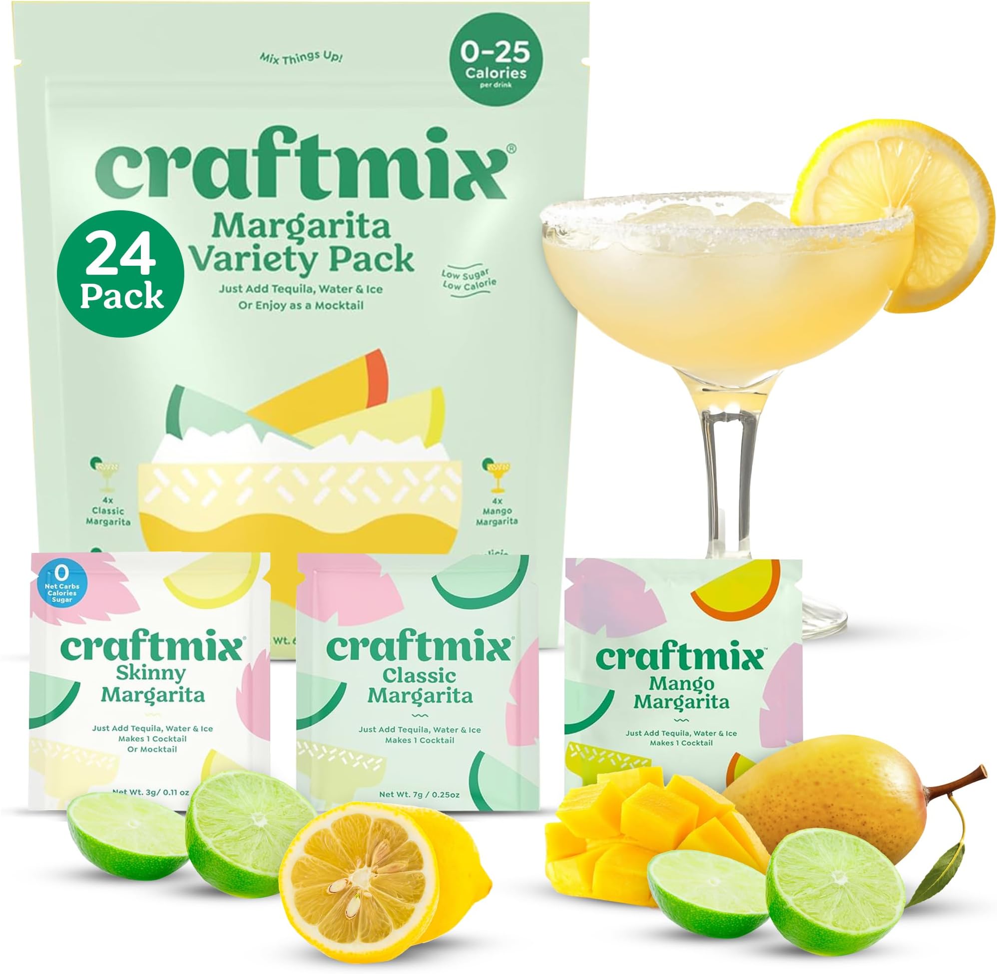 Craftmix Margarita Variety Pack Cocktail & Mocktail Drink Mixer, Skinny Mixes - Water Flavoring Packets - Made With Real Fruit - Vegan, Low-Carb, Low-Sugar, Non-GMO, Dairy Free, Gluten Free, 24 Pack