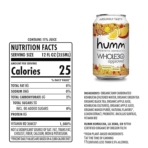 Miniatura 2 de Humm Kombucha aprobada por Whole30, mango limón, orgánico, vegano y libre de OMG (paquete de 12)