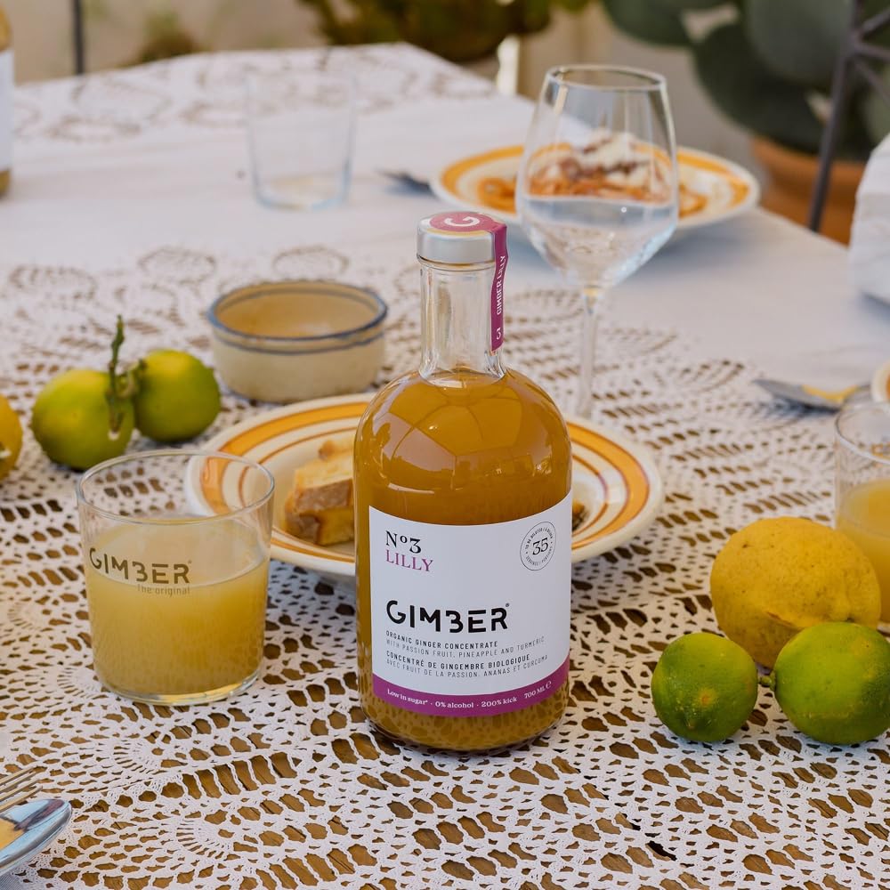 Concentré de gingembre Gimber au fruit de la passion, 100% naturel et vegan | N°3 500 ml Lilly | Concentré de gingembre bio, boisson au gingembre vegan avec fruit de la passion, ananas et curcuma