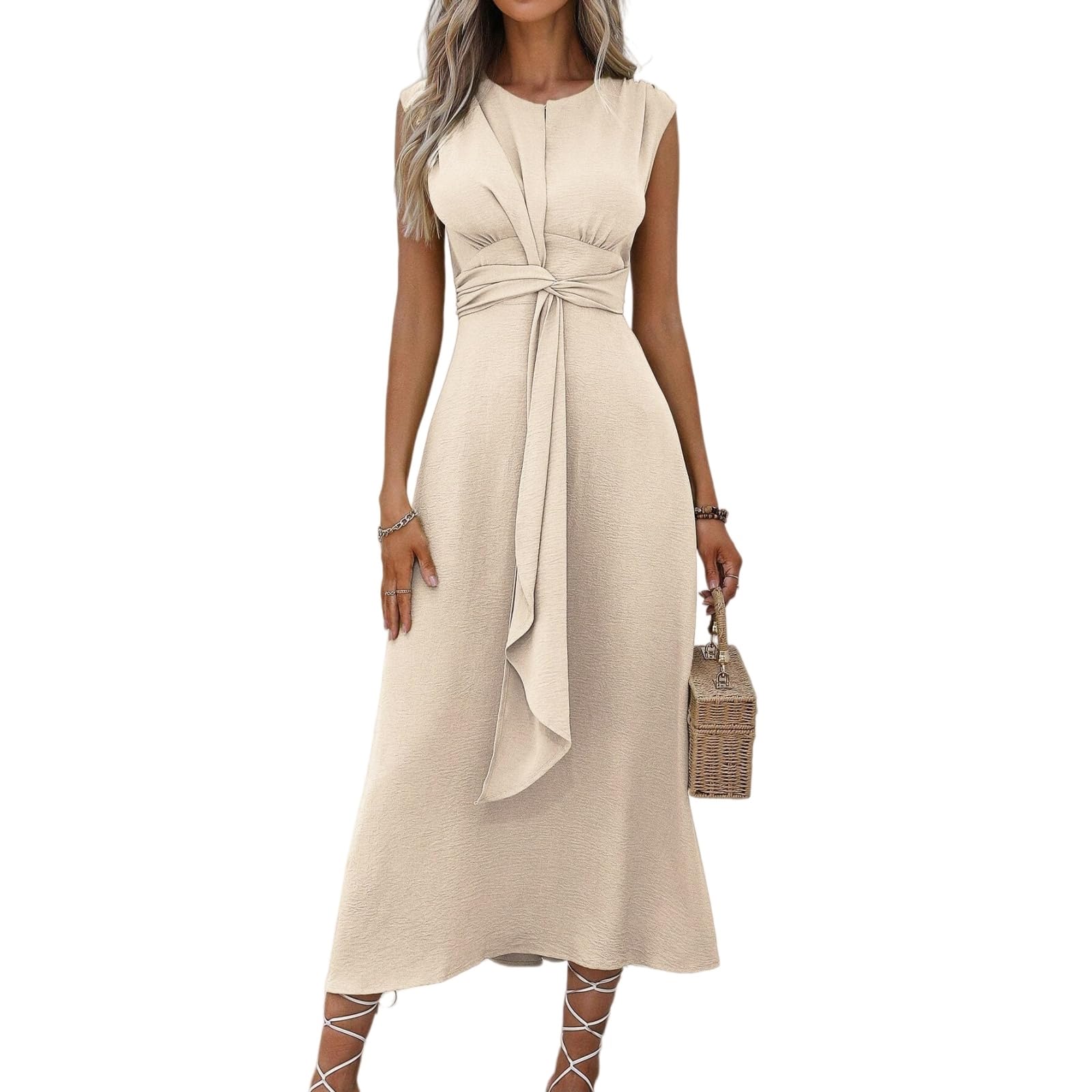 Vestito Abito da Donna A-Line Midi - Senza Maniche, Cinturine Anteriori Sottili, Design A Cintura, Perfetto per l'Abbigliamento Estivo Casual E Serale-Blue-m