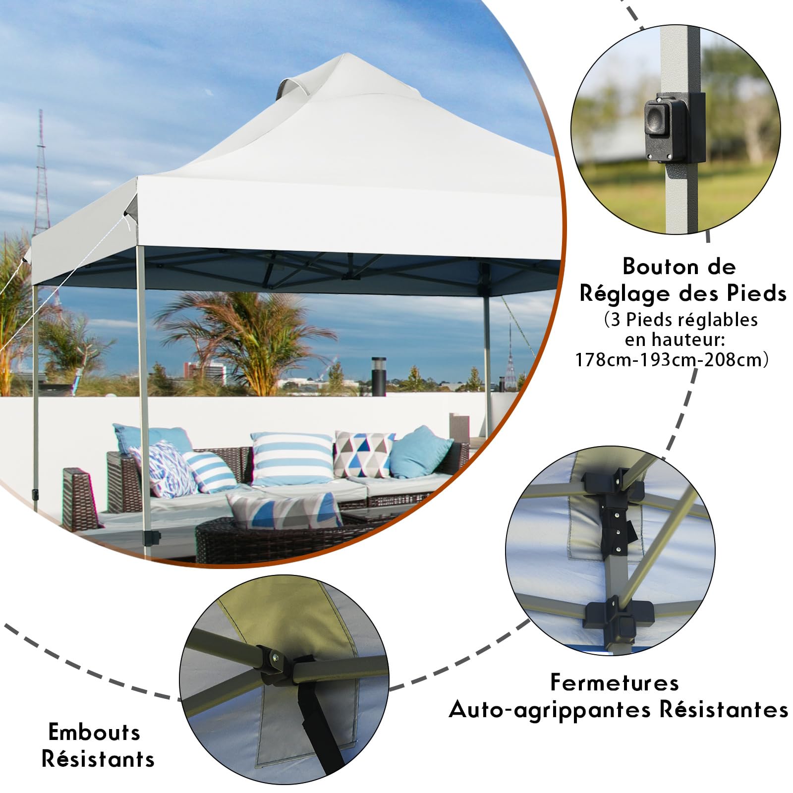 COSTWAY Tonnelle Pliable 3x3M, Tente de Jardin Imperméable Protection UV 50+, 3 Hauteurs 305/320/335 cm avec Sac de Rangement à roulettes, pour Fête Marché Patio (Blanc)