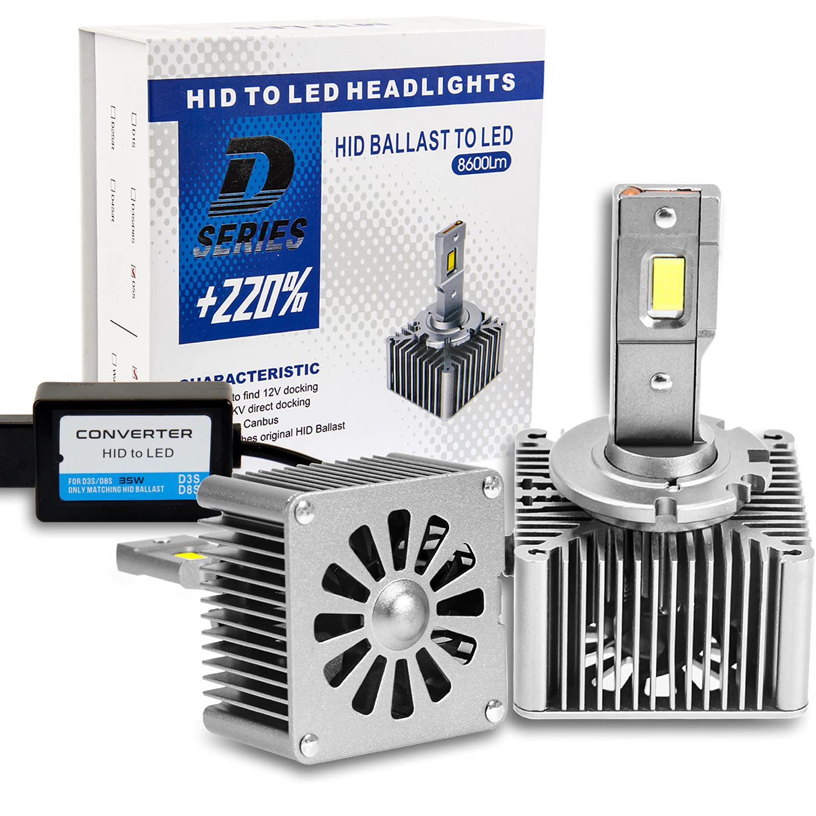D3S Led Headlight Bulbs Conversion Kit, Plug & Play with Orignal Ballast, Canbus Error Free, 6000K 8