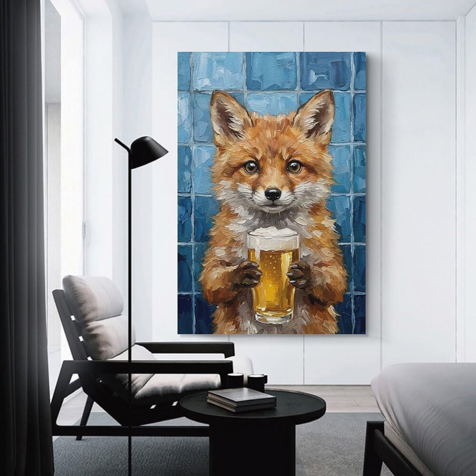 Junmoney Canvas Wall Picture Fox with Beer Painting, 24x36inch(60x90cm), for Hallway, Bedroom Or Modern Interiors, Home Decor Gift with Stylish Appeal