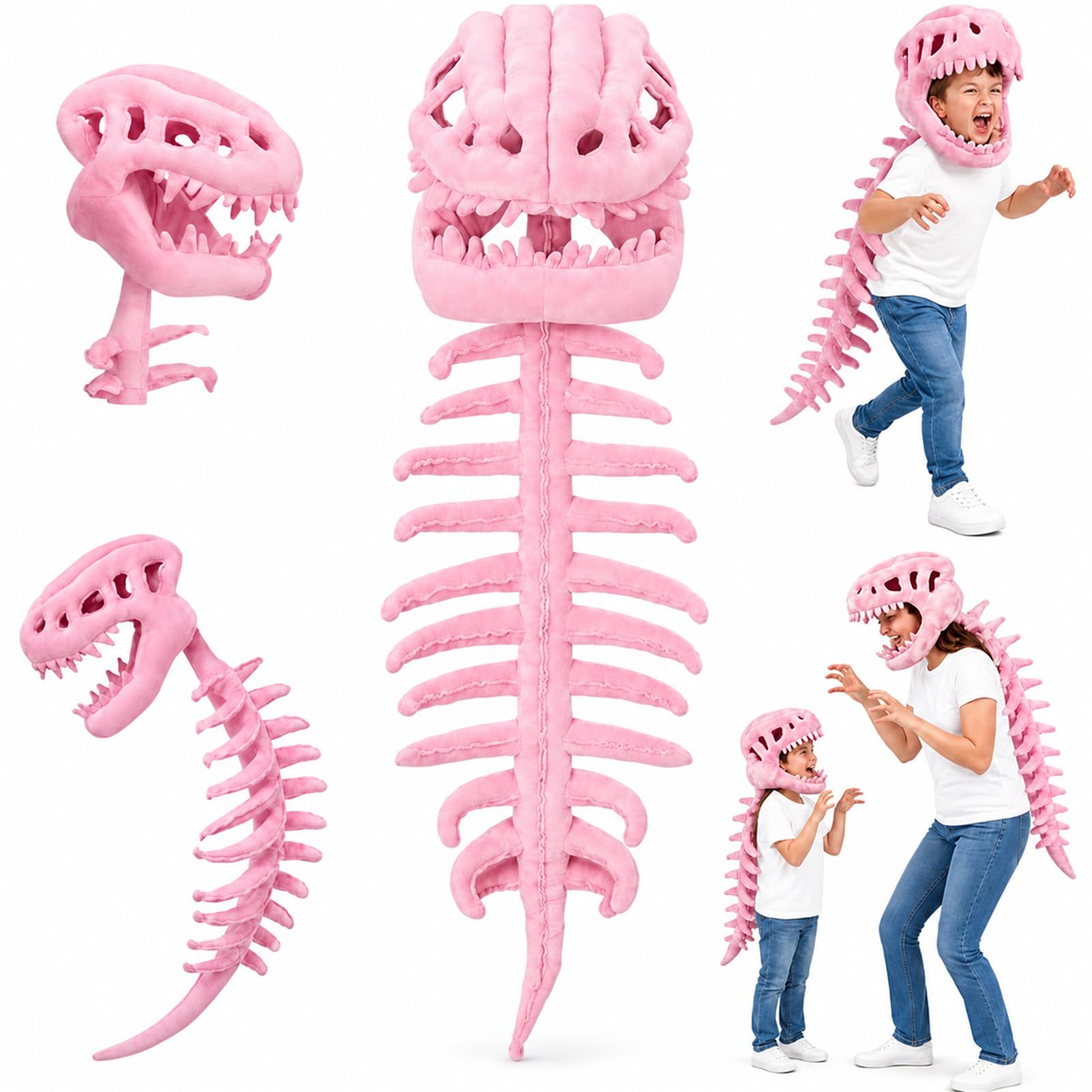 vnarunp Dinosaur Skeleton Costume for Kids, Realistic 3D Dino Bones Plush Outfit, Fun Halloween Costume for Boys Girls, Cozy Dinosaur Dress Up Suit for Party, Cosplay and Pretend Play (Pink,for Kids) — image 1