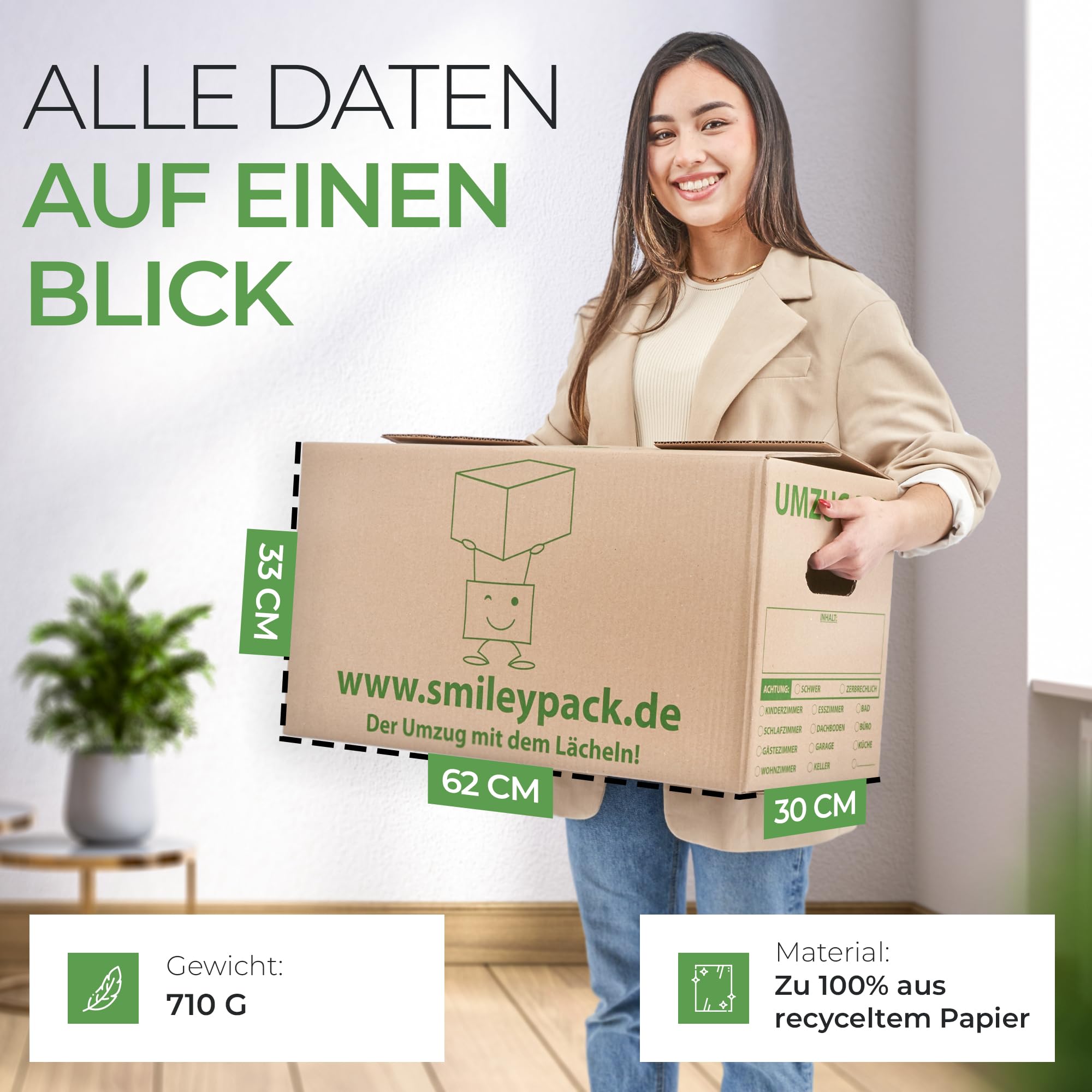 Smiley Pack PROFI Umzugskartons 620x300x330 mm 40kg Traglast Zweiwellig Robuster Umzugskarton groß Bücherkarton Archivbox Moving Boxes Verstärkte Griffe 20 Stück