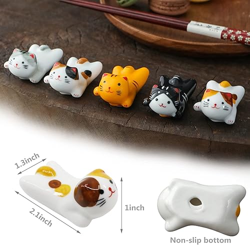 Miniatura 3 de Juego de 5 palillos para gatos, juego de brochas de pintura china, porcelana de estilo japonés, lindo gato de la suerte, soporte de palillos de